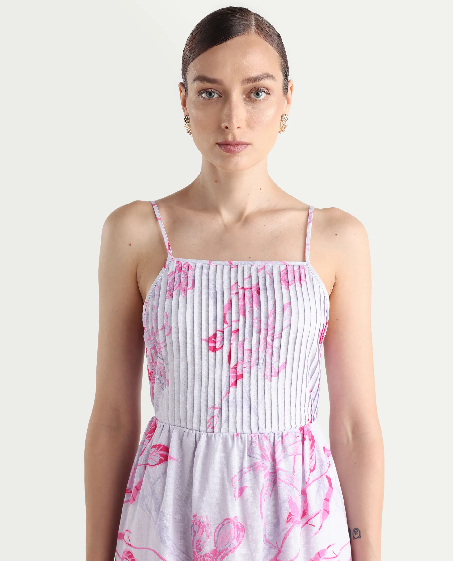 Rareism Women's Kanora Dusky Purple Cotton Blend Shoulder Strap Floral Print Sleeveless Midi Fit And Flare Dress - Image 4