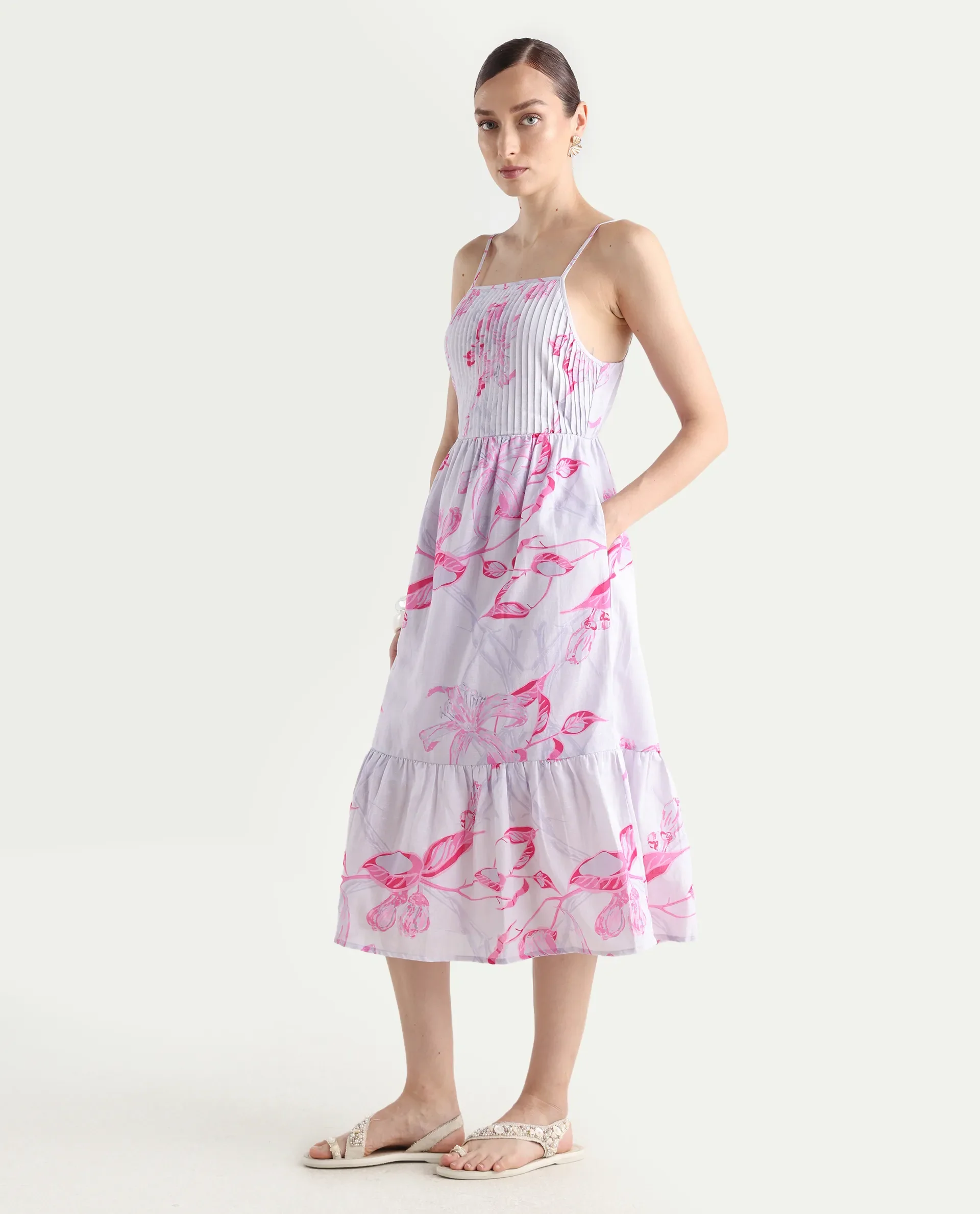 Rareism Women's Kanora Dusky Purple Cotton Blend Shoulder Strap Floral Print Sleeveless Midi Fit And Flare Dress - Image 6