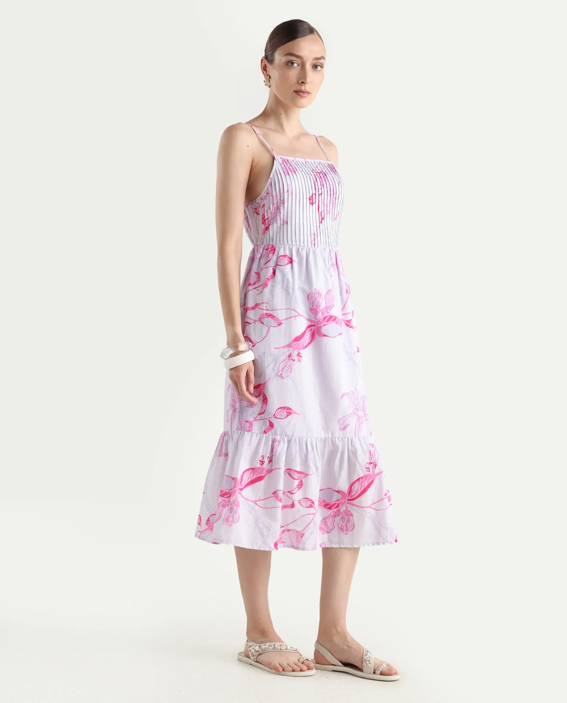 Rareism Women's Kanora Dusky Purple Cotton Blend Shoulder Strap Floral Print Sleeveless Midi Fit And Flare Dress - Image 7