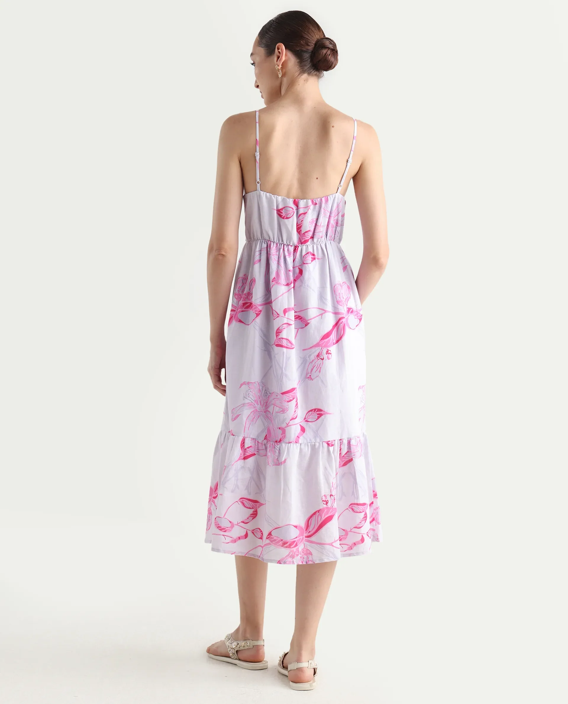 Rareism Women's Kanora Dusky Purple Cotton Blend Shoulder Strap Floral Print Sleeveless Midi Fit And Flare Dress - Image 8