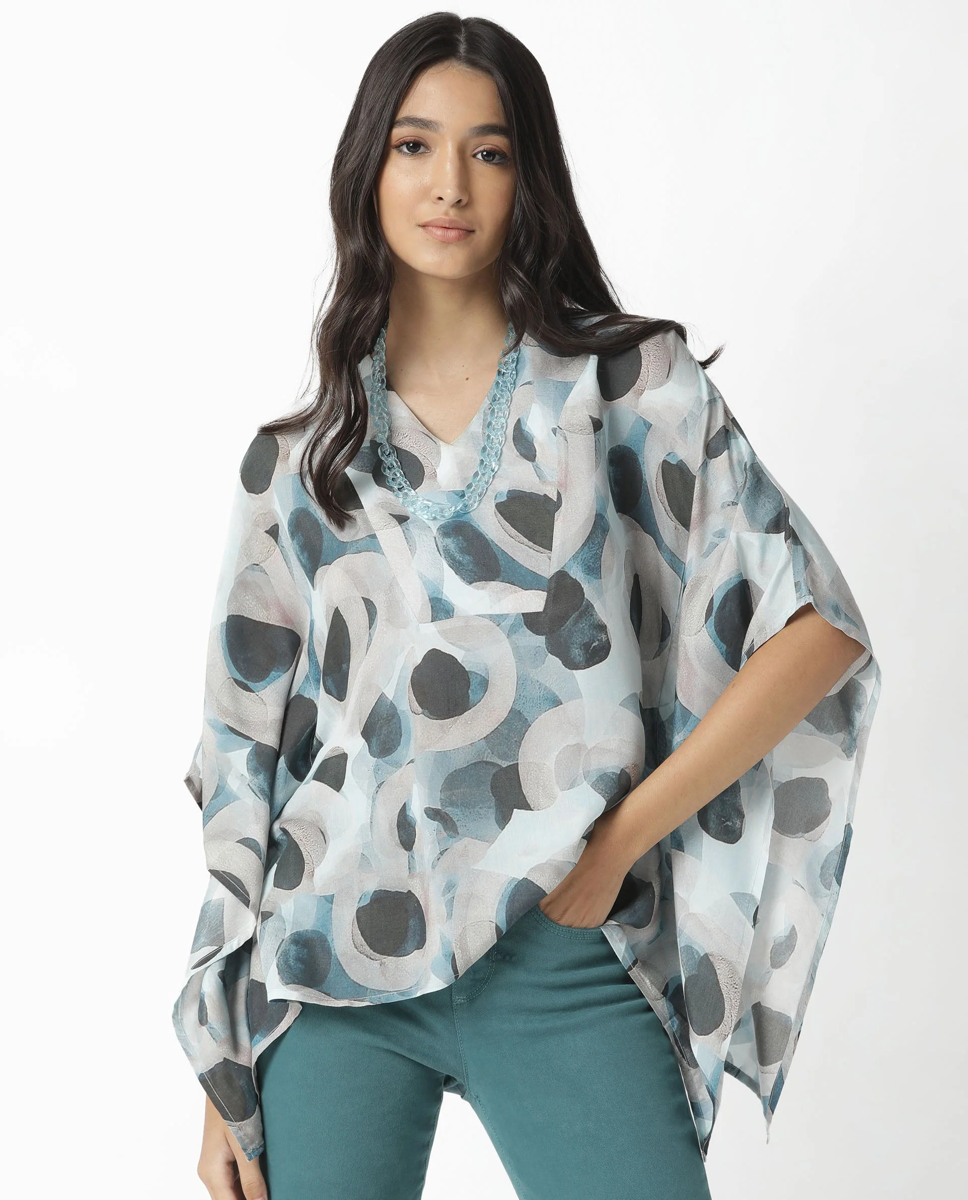 Rareism Women's Kans Blue Cotton Blend V-Neck Abstract Print Bell Sleeve Relaxed Fit Top