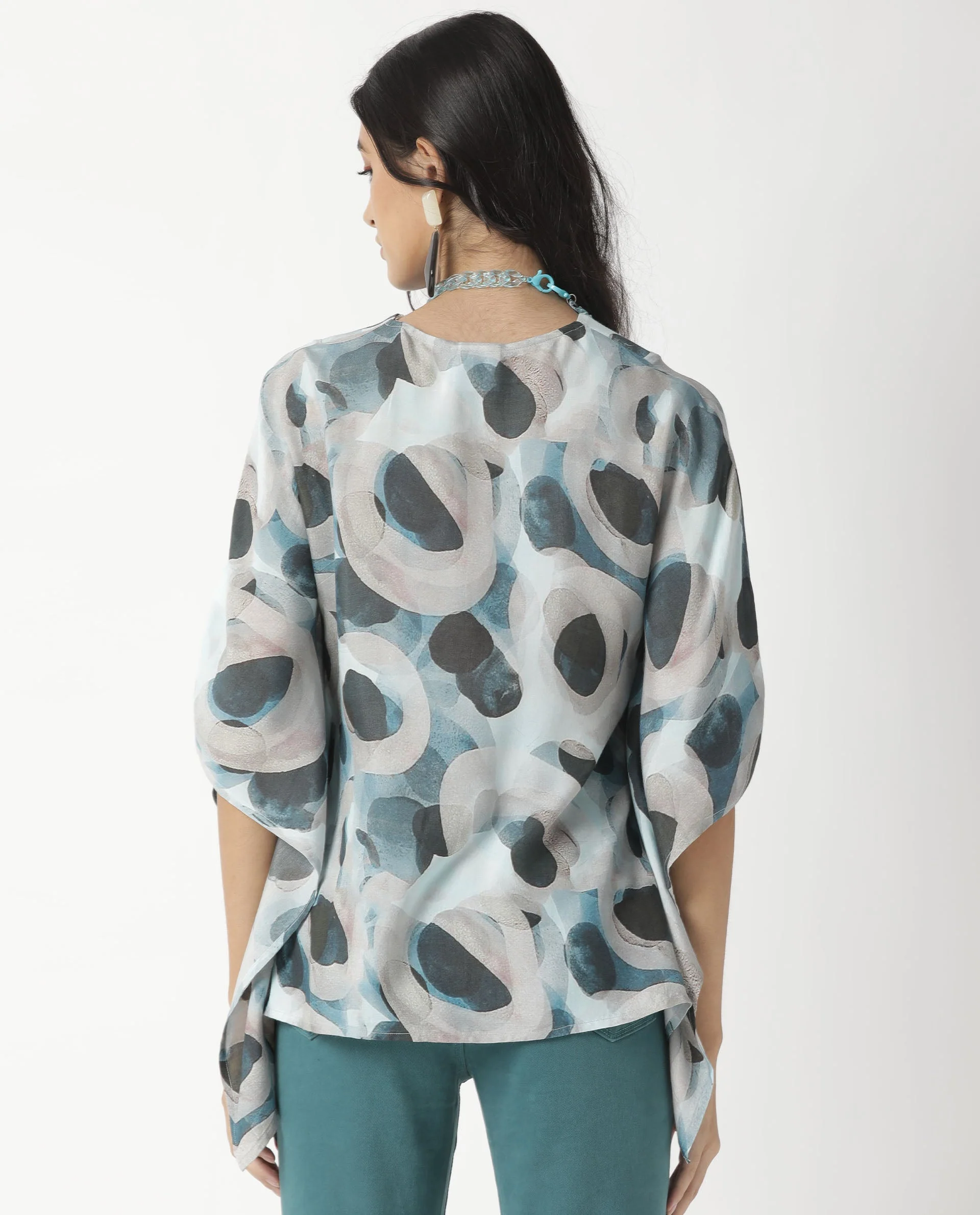 Rareism Women's Kans Blue Cotton Blend V-Neck Abstract Print Bell Sleeve Relaxed Fit Top - Image 10