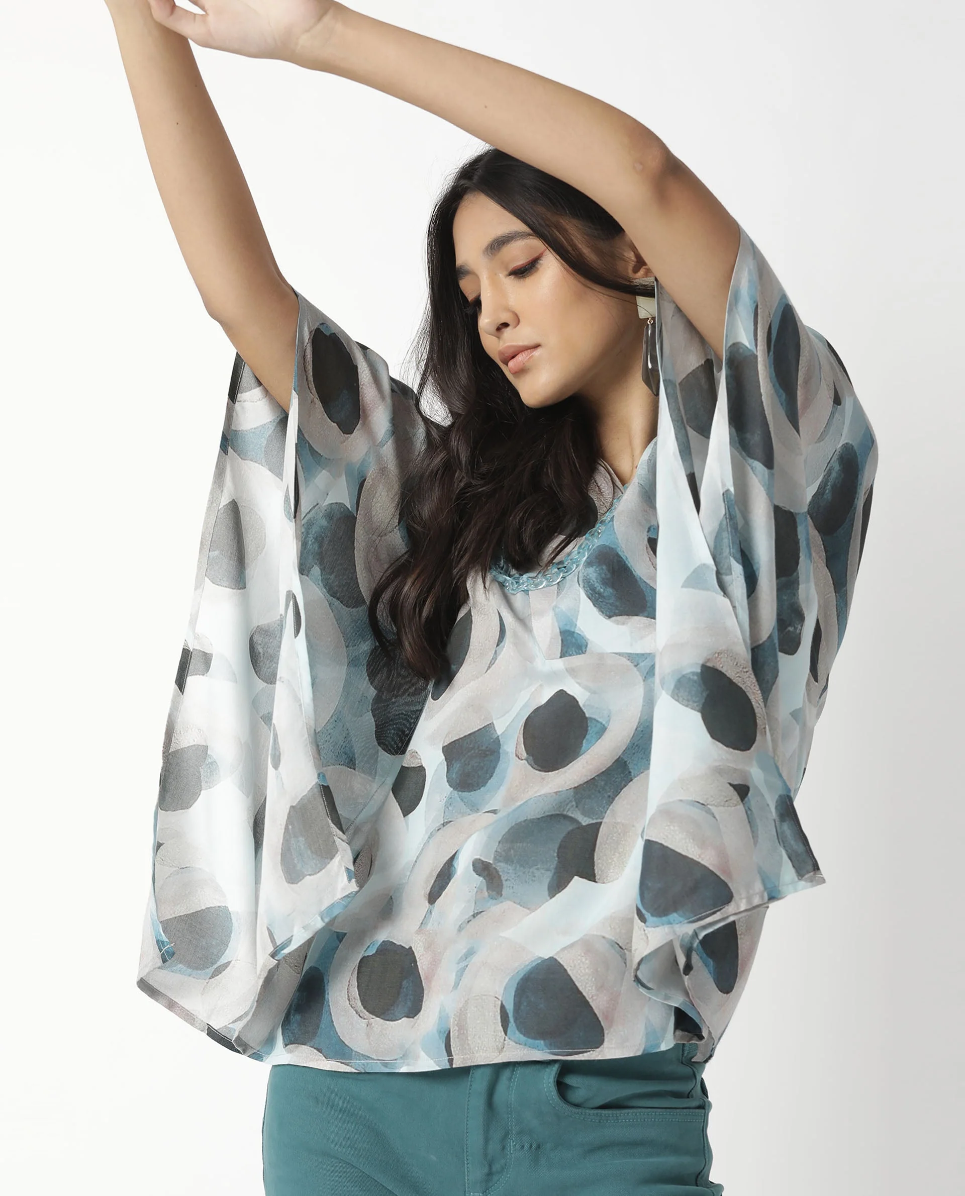 Rareism Women's Kans Blue Cotton Blend V-Neck Abstract Print Bell Sleeve Relaxed Fit Top - Image 2