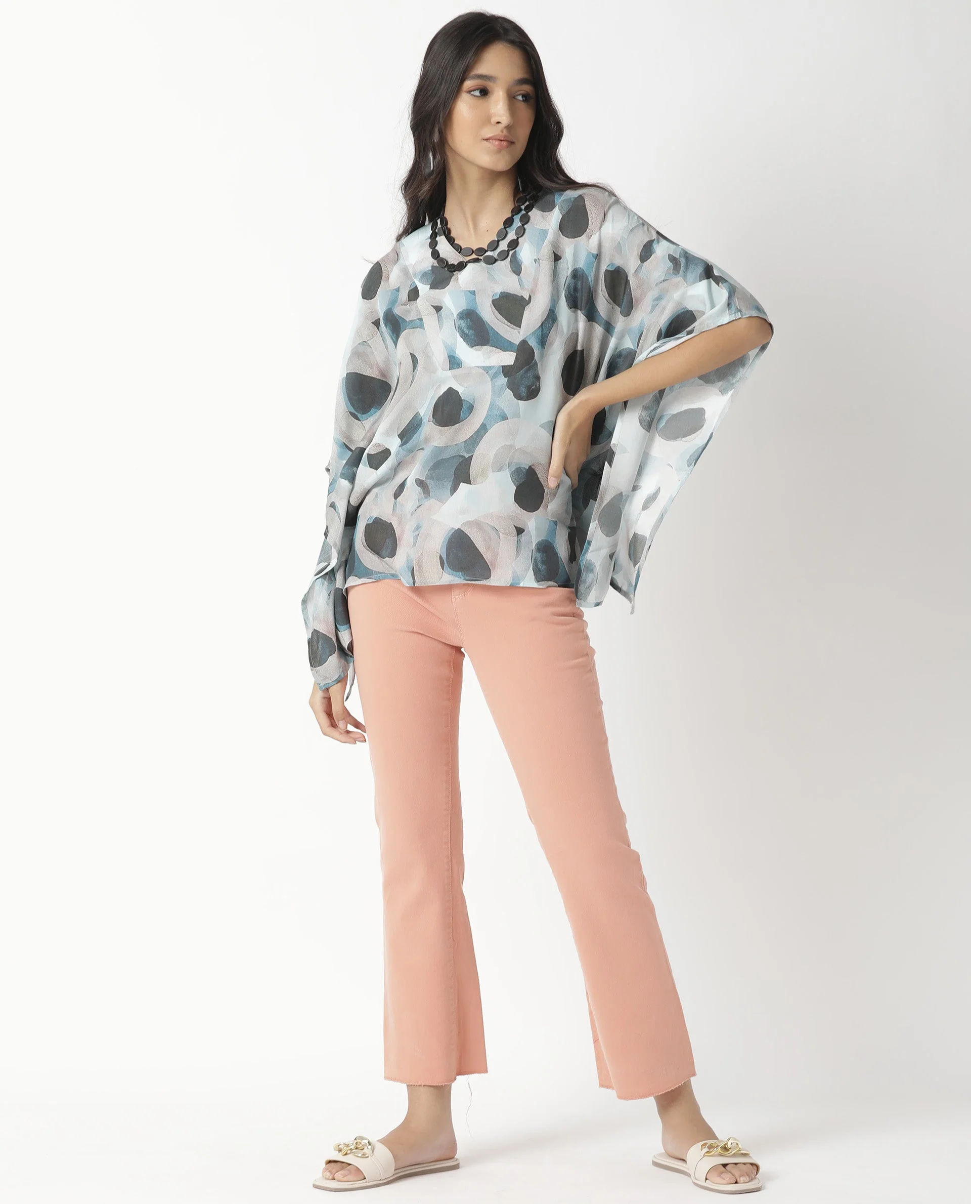 Rareism Women's Kans Blue Cotton Blend V-Neck Abstract Print Bell Sleeve Relaxed Fit Top - Image 3