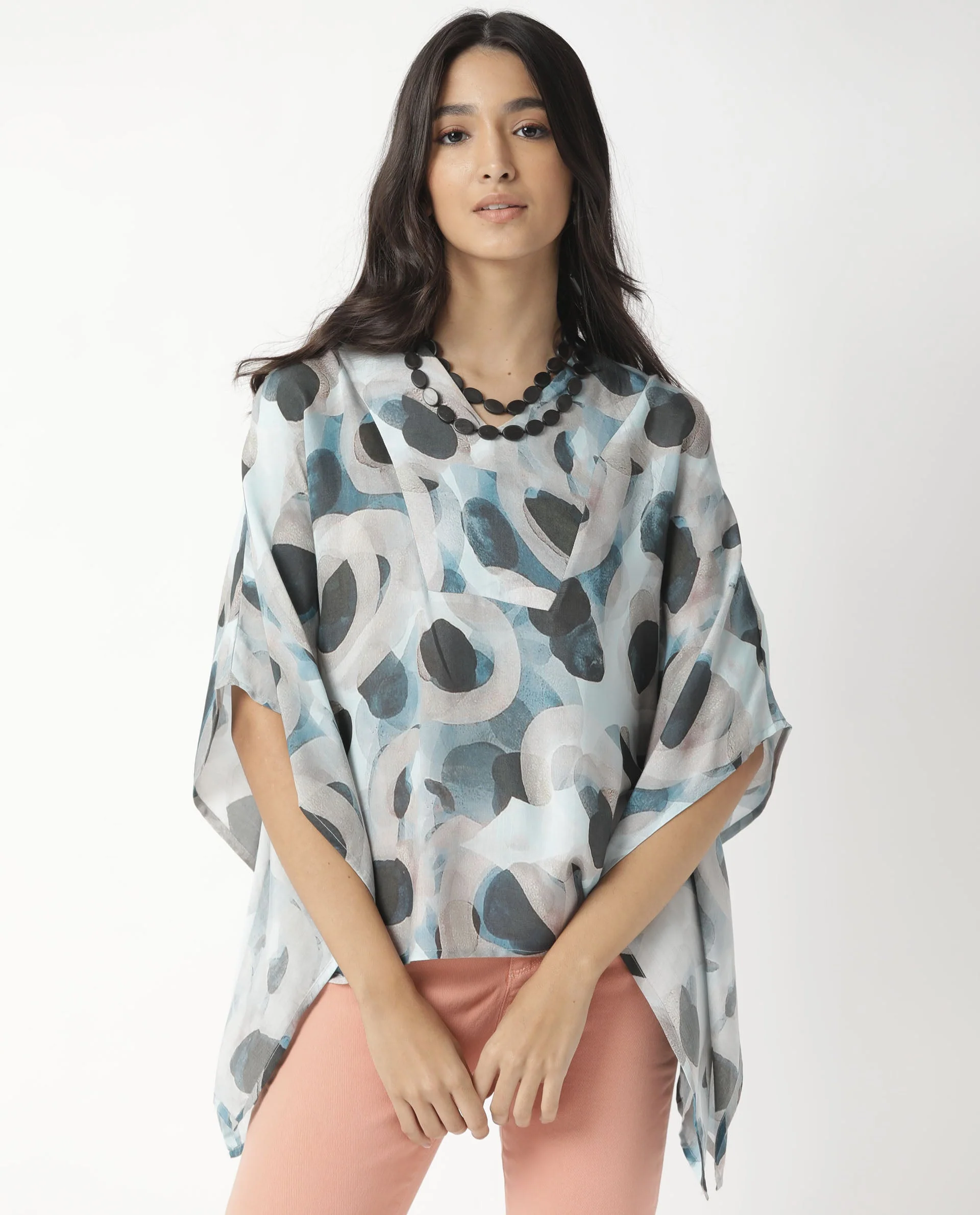 Rareism Women's Kans Blue Cotton Blend V-Neck Abstract Print Bell Sleeve Relaxed Fit Top - Image 4