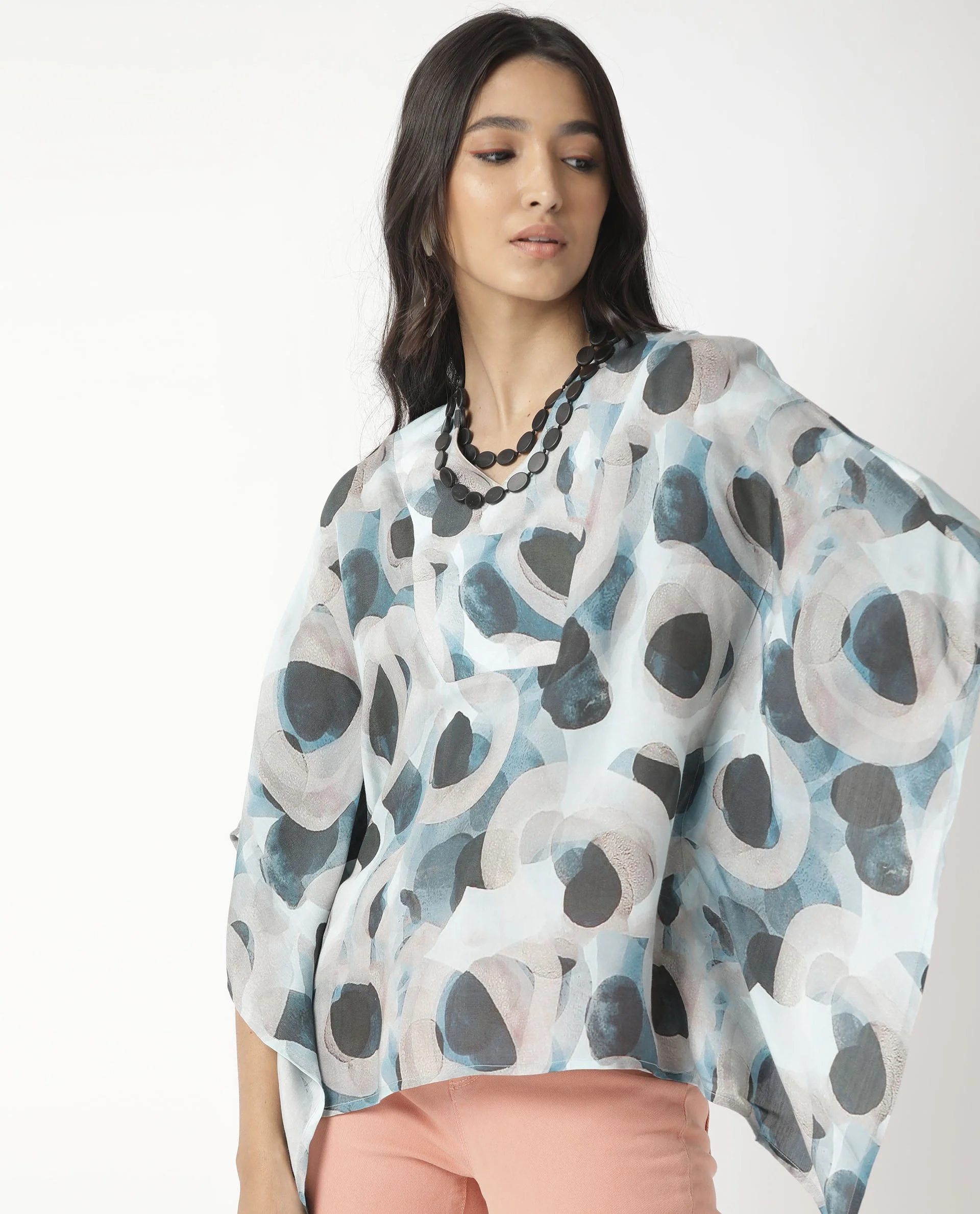 Rareism Women's Kans Blue Cotton Blend V-Neck Abstract Print Bell Sleeve Relaxed Fit Top - Image 5