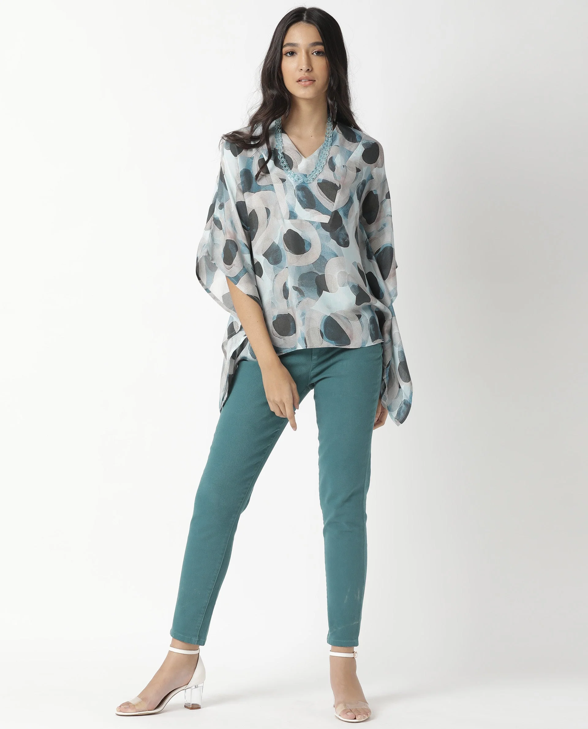 Rareism Women's Kans Blue Cotton Blend V-Neck Abstract Print Bell Sleeve Relaxed Fit Top - Image 6