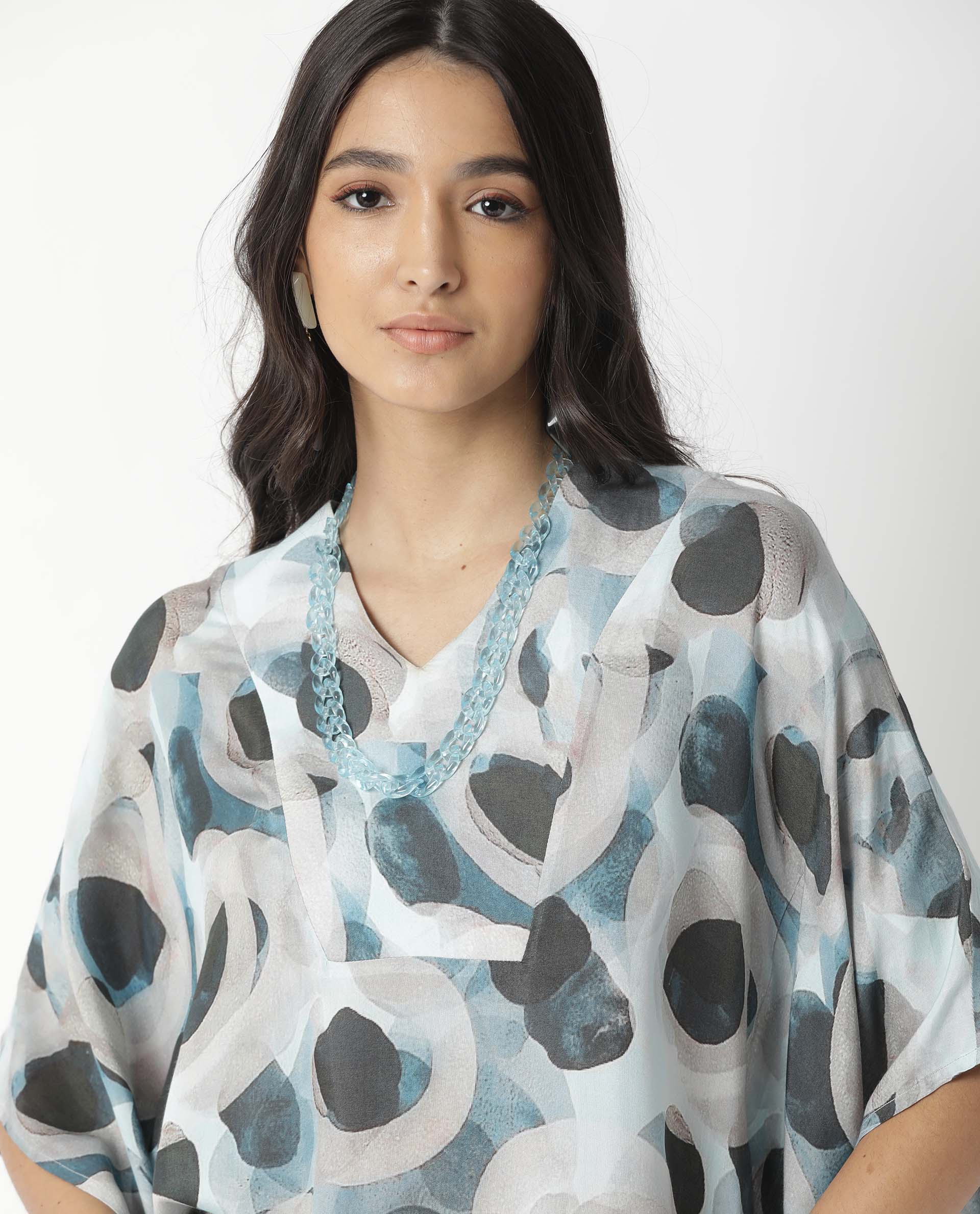 Rareism Women's Kans Blue Cotton Blend V-Neck Abstract Print Bell Sleeve Relaxed Fit Top - Image 7
