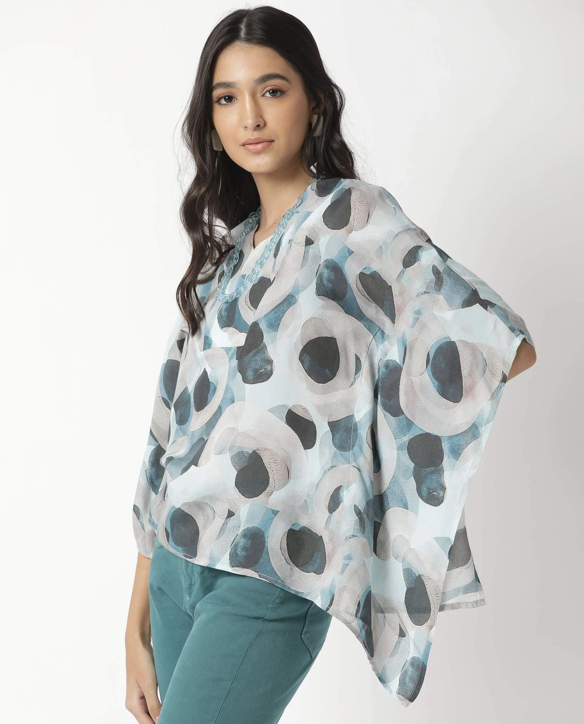 Rareism Women's Kans Blue Cotton Blend V-Neck Abstract Print Bell Sleeve Relaxed Fit Top - Image 8