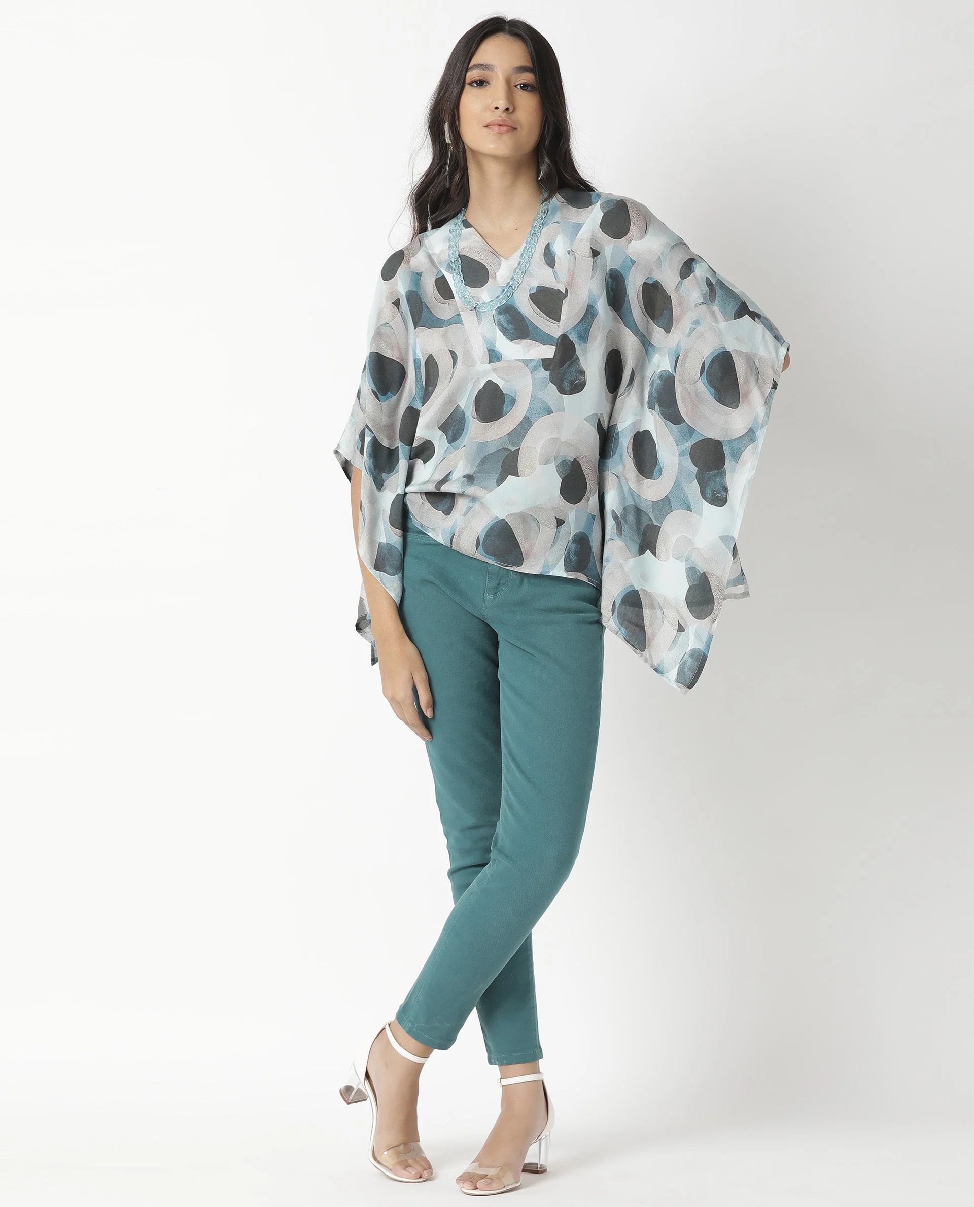 Rareism Women's Kans Blue Cotton Blend V-Neck Abstract Print Bell Sleeve Relaxed Fit Top - Image 9