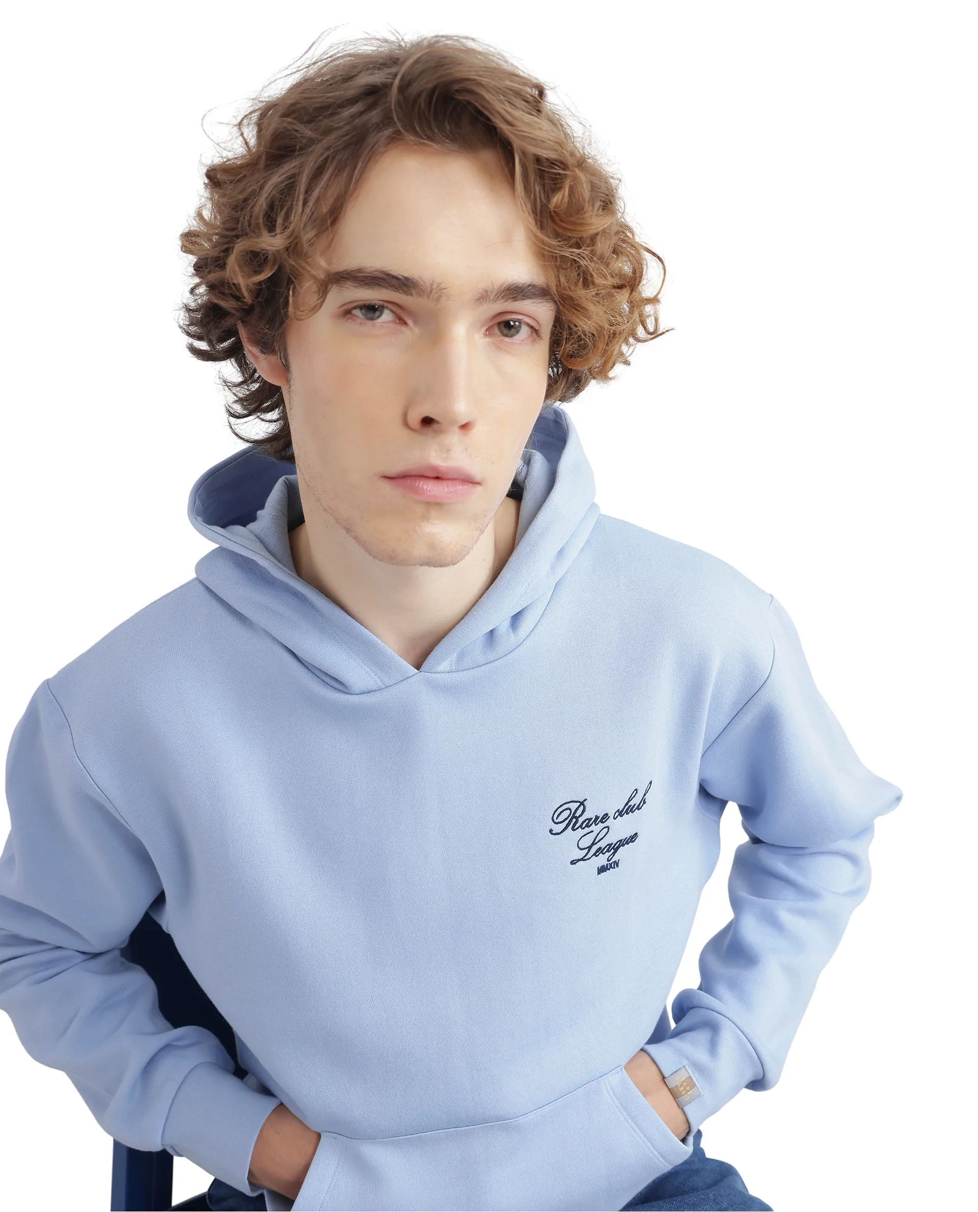 Rare Rabbit Men's Kant Light Blue Cotton Blend Graphic Print Boxy Fit Full Sleeve Hooded Sweatshirt - Image 2