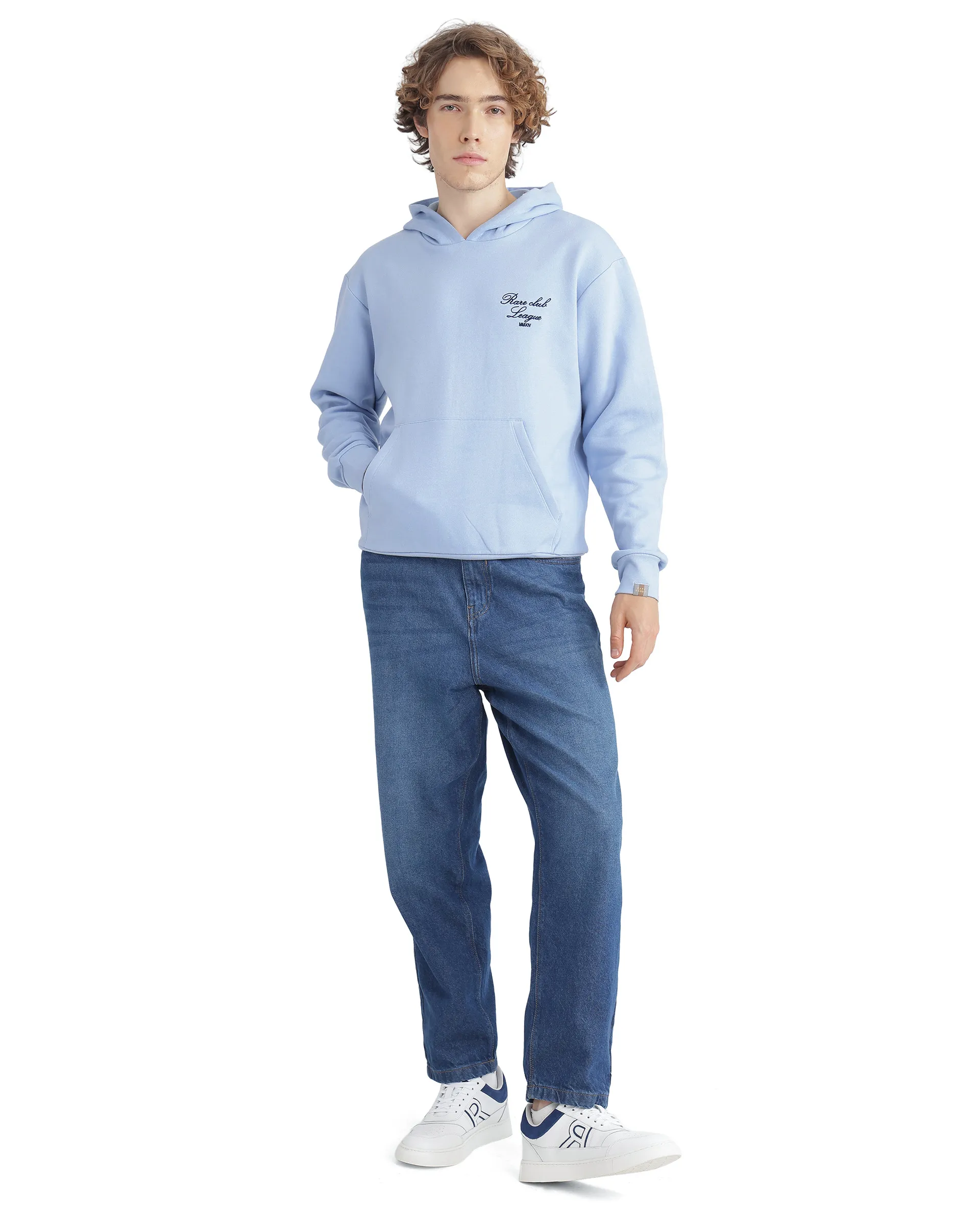Rare Rabbit Men's Kant Light Blue Cotton Blend Graphic Print Boxy Fit Full Sleeve Hooded Sweatshirt - Image 3