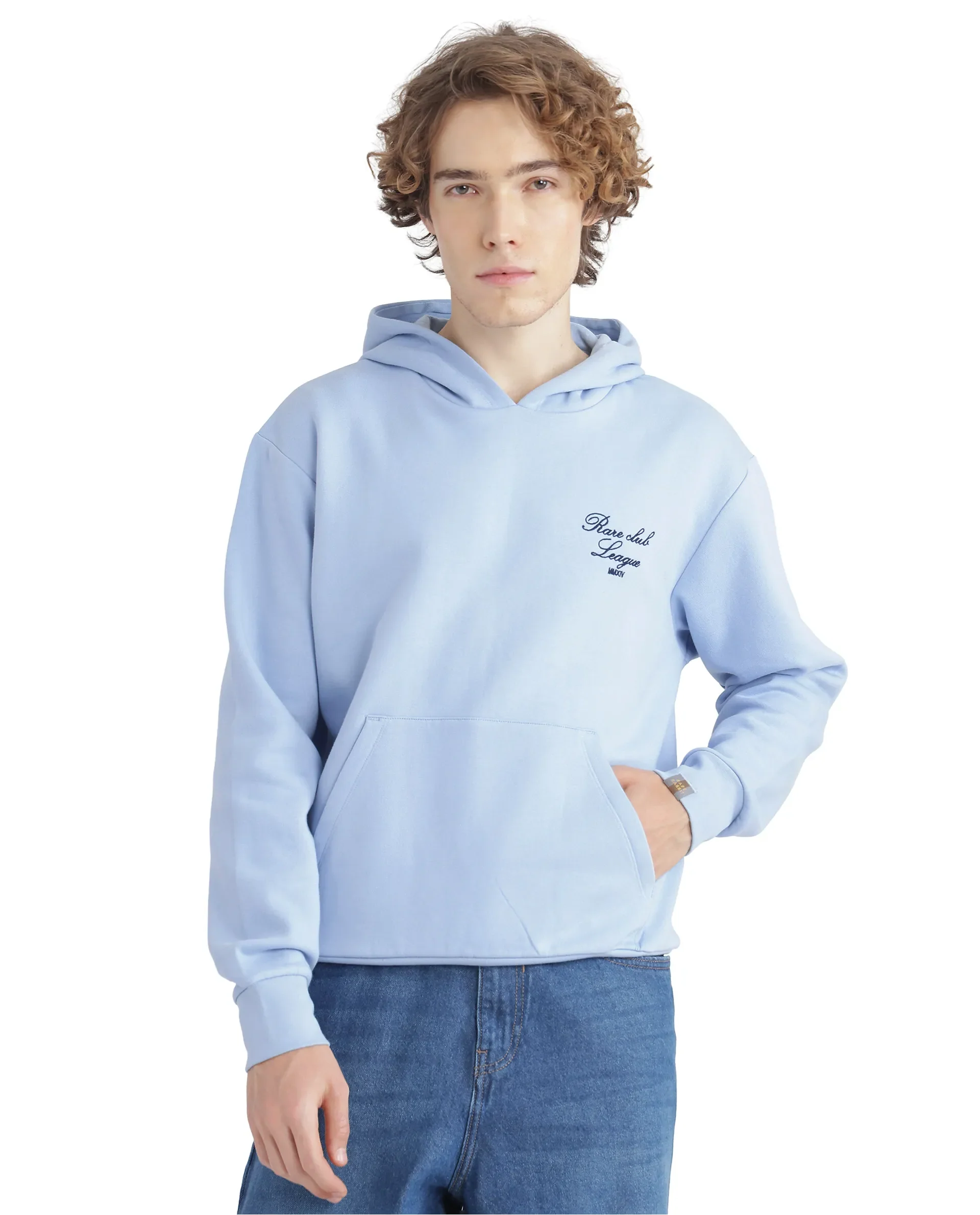 Rare Rabbit Men's Kant Light Blue Cotton Blend Graphic Print Boxy Fit Full Sleeve Hooded Sweatshirt - Image 4