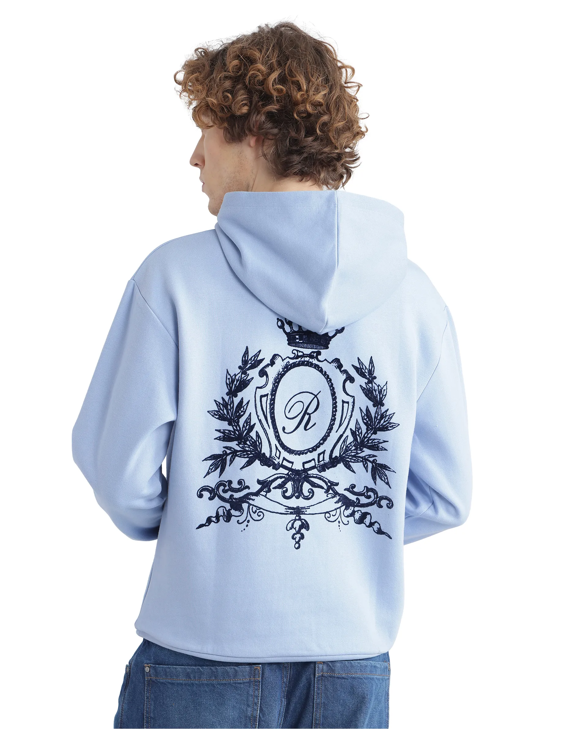 Rare Rabbit Men's Kant Light Blue Cotton Blend Graphic Print Boxy Fit Full Sleeve Hooded Sweatshirt - Image 5