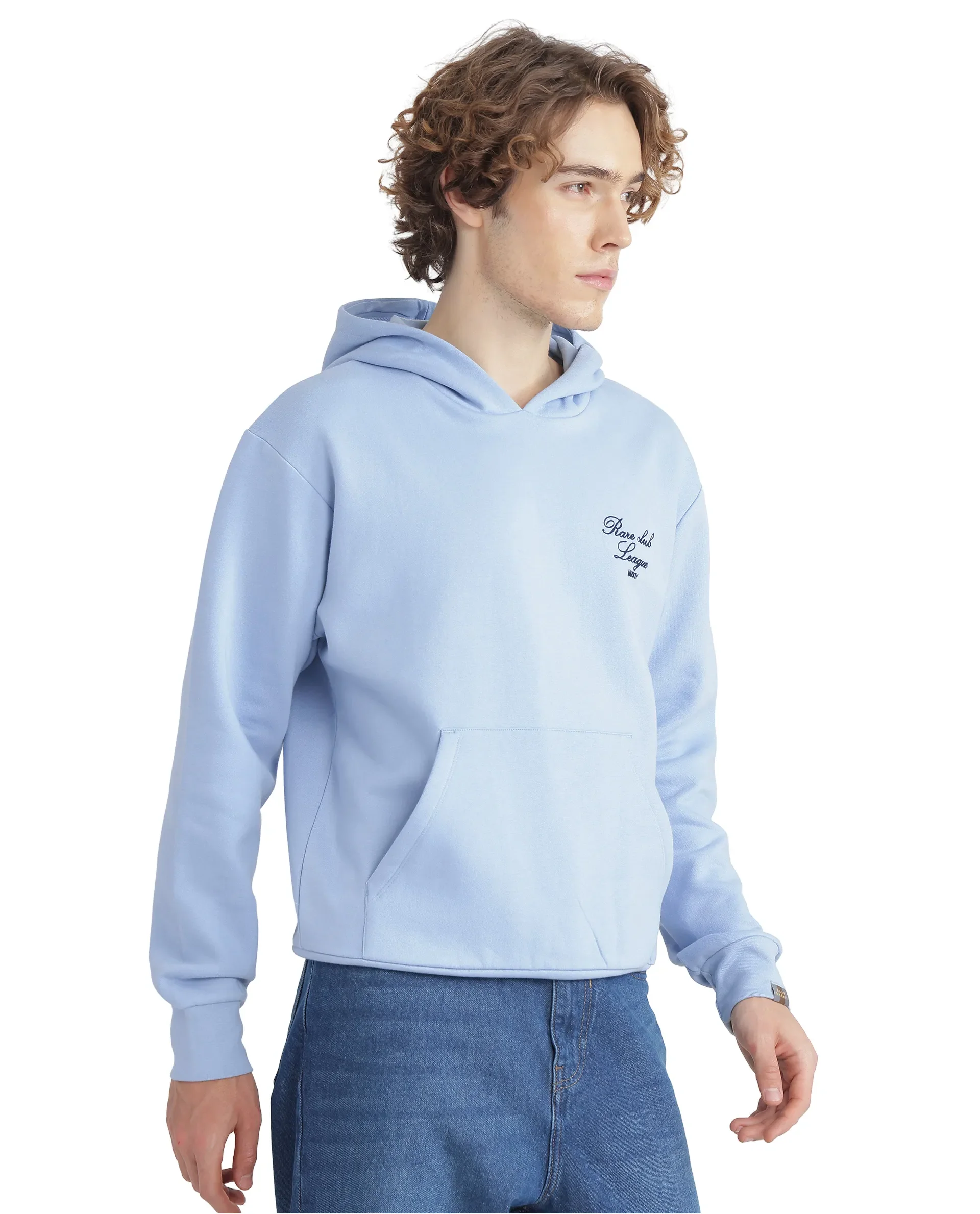 Rare Rabbit Men's Kant Light Blue Cotton Blend Graphic Print Boxy Fit Full Sleeve Hooded Sweatshirt - Image 7