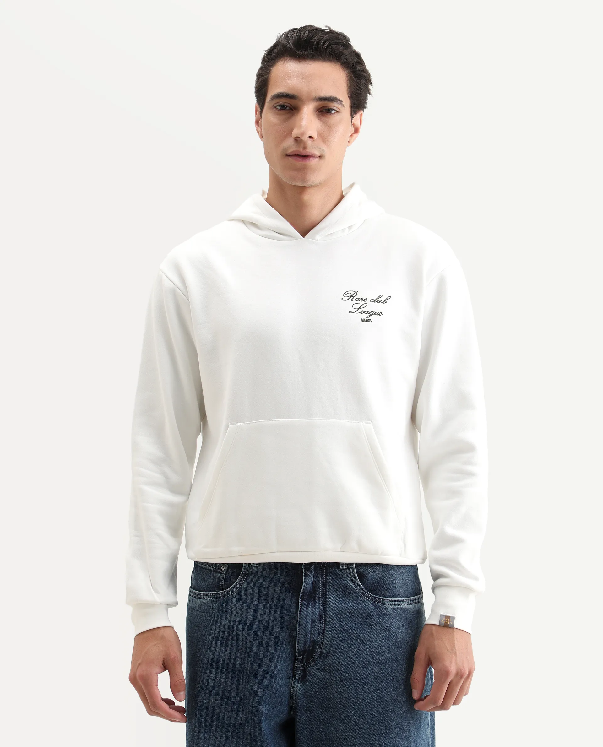 Rare Rabbit Men's Kant Off White Cotton Blend Graphic Print Boxy Fit Full Sleeve Hooded Sweatshirt - Image 3