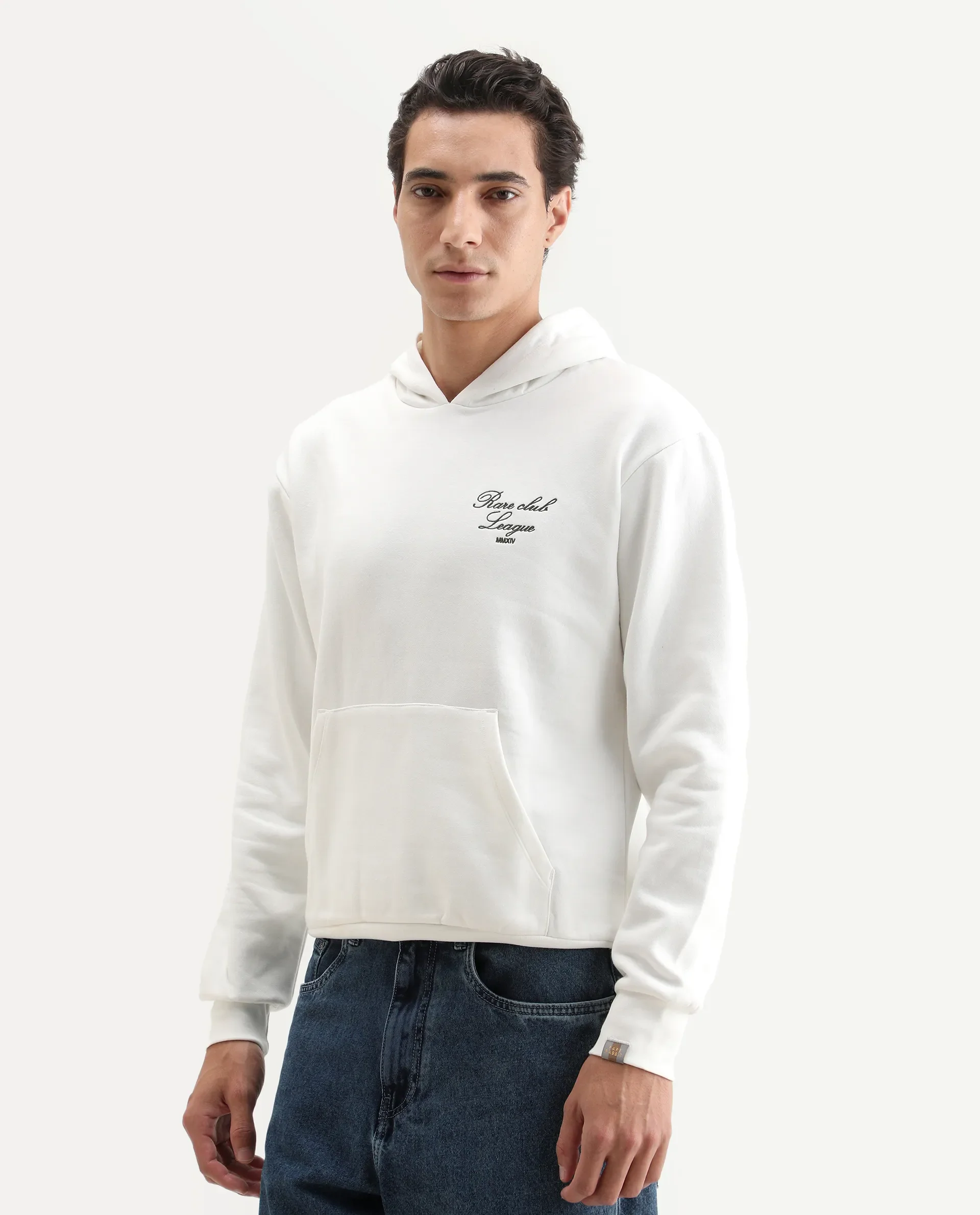 Rare Rabbit Men's Kant Off White Cotton Blend Graphic Print Boxy Fit Full Sleeve Hooded Sweatshirt - Image 5