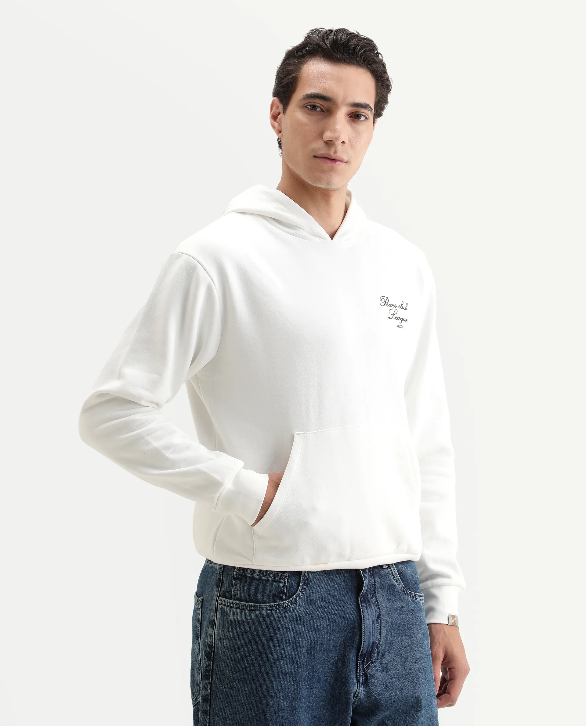Rare Rabbit Men's Kant Off White Cotton Blend Graphic Print Boxy Fit Full Sleeve Hooded Sweatshirt - Image 6
