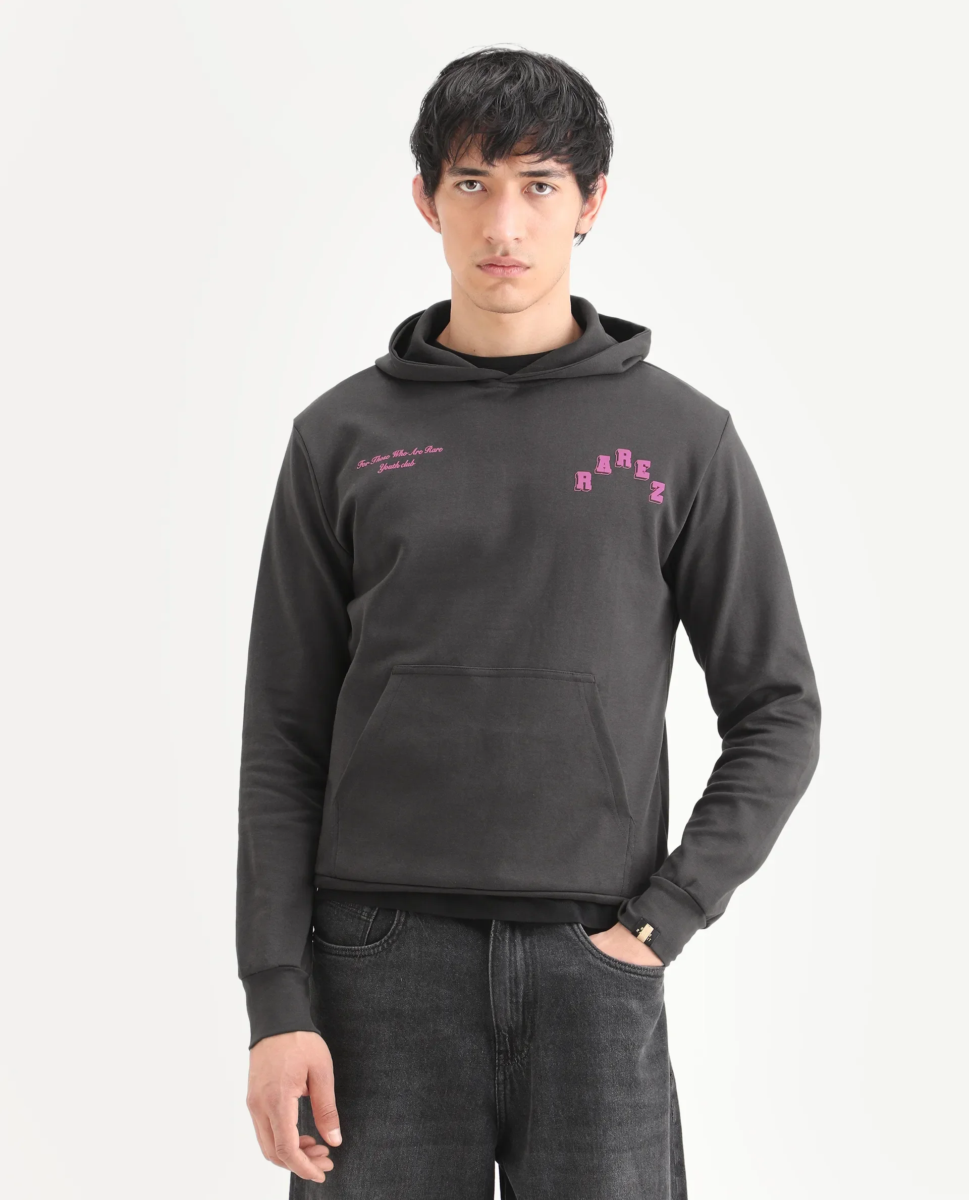 Rare Rabbit Men's Kany-1 Dark Grey Cotton Graphic Print Regular Fit Full Sleeve Hooded Sweatshirt - Image 3