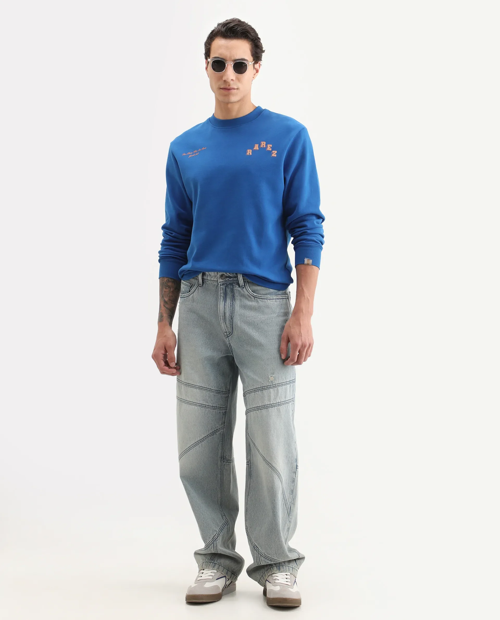 Rare Rabbit Men's Kany-2 Blue Cotton Embroidered Regular Fit Full Sleeve Crew Neck Sweatshirt - Image 2