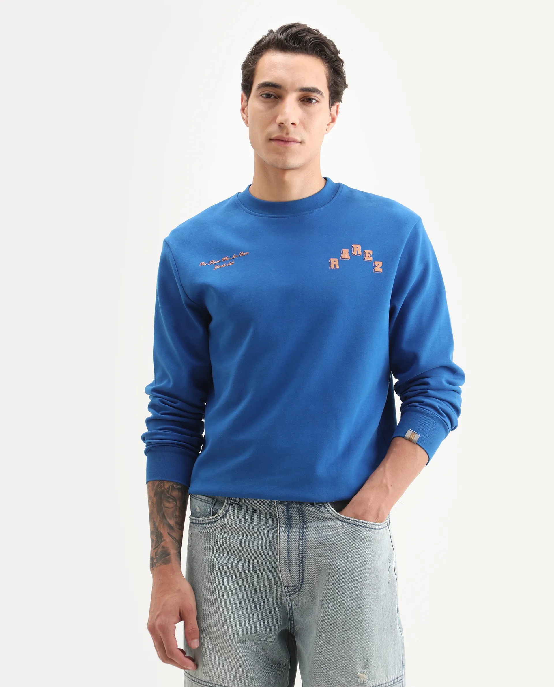 Rare Rabbit Men's Kany-2 Blue Cotton Embroidered Regular Fit Full Sleeve Crew Neck Sweatshirt - Image 3