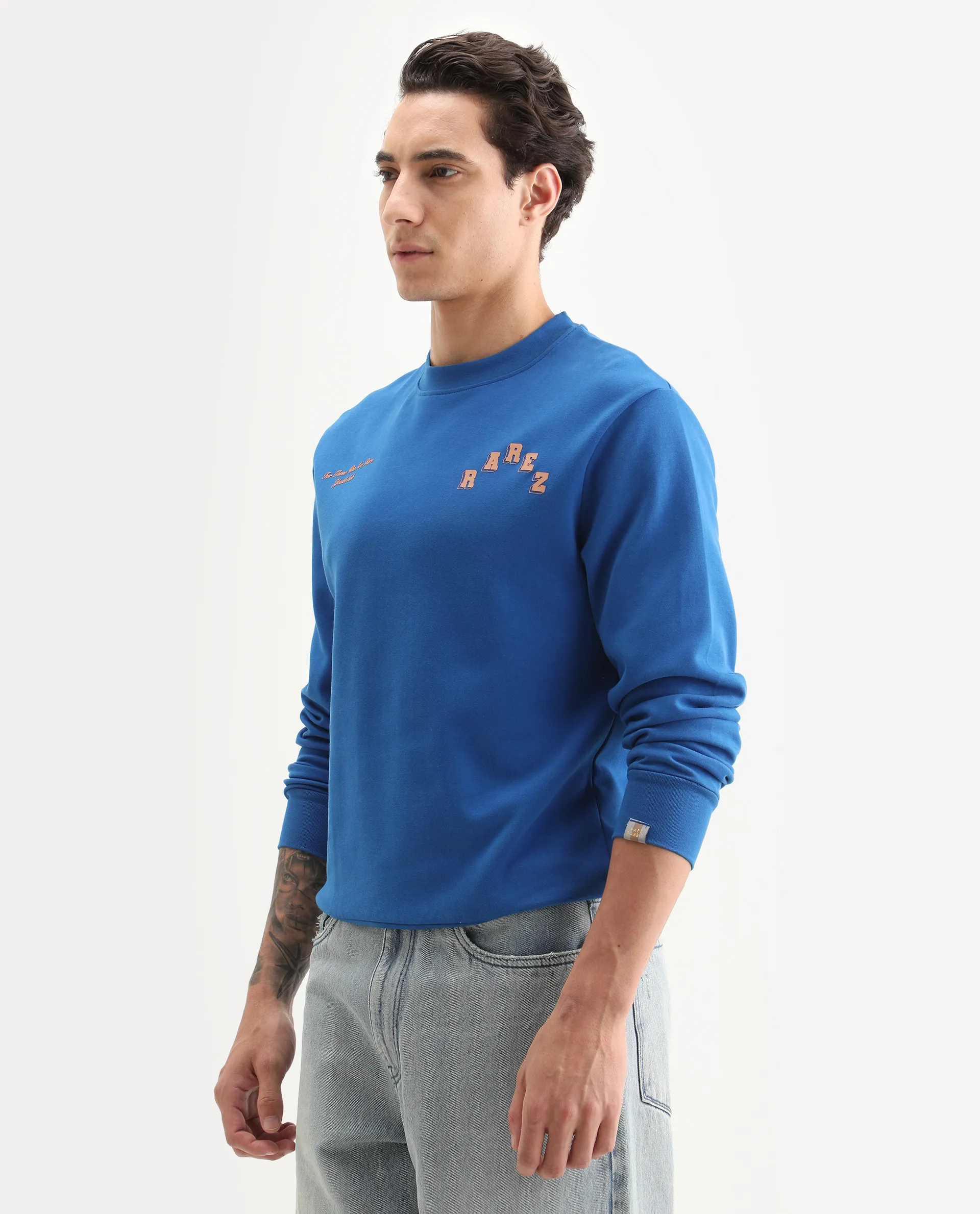 Rare Rabbit Men's Kany-2 Blue Cotton Embroidered Regular Fit Full Sleeve Crew Neck Sweatshirt - Image 5