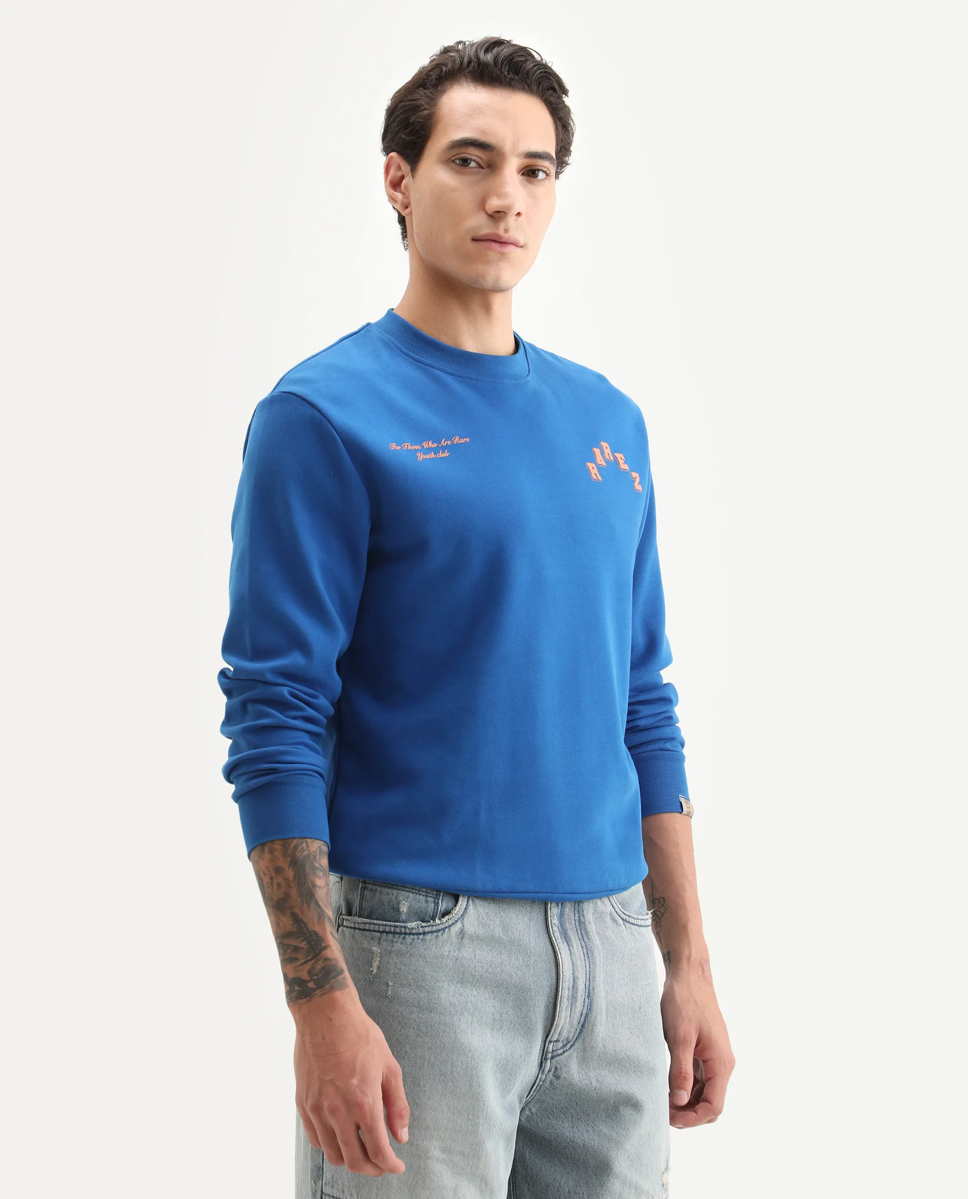 Rare Rabbit Men's Kany-2 Blue Cotton Embroidered Regular Fit Full Sleeve Crew Neck Sweatshirt - Image 6