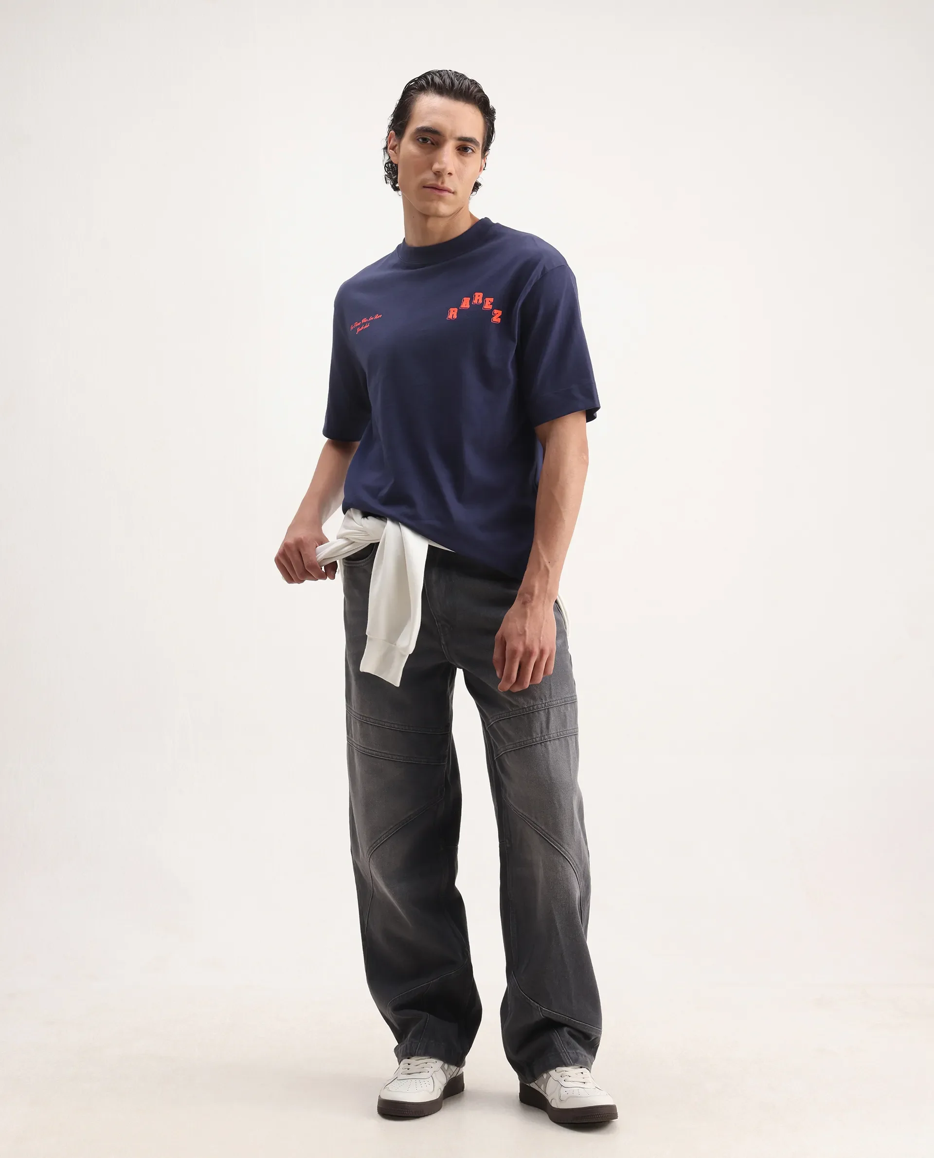 Rare Rabbit Men's Kany Blue Cotton Embroidered Oversized Fit Half Sleeve Crew Neck T-Shirt - Image 2