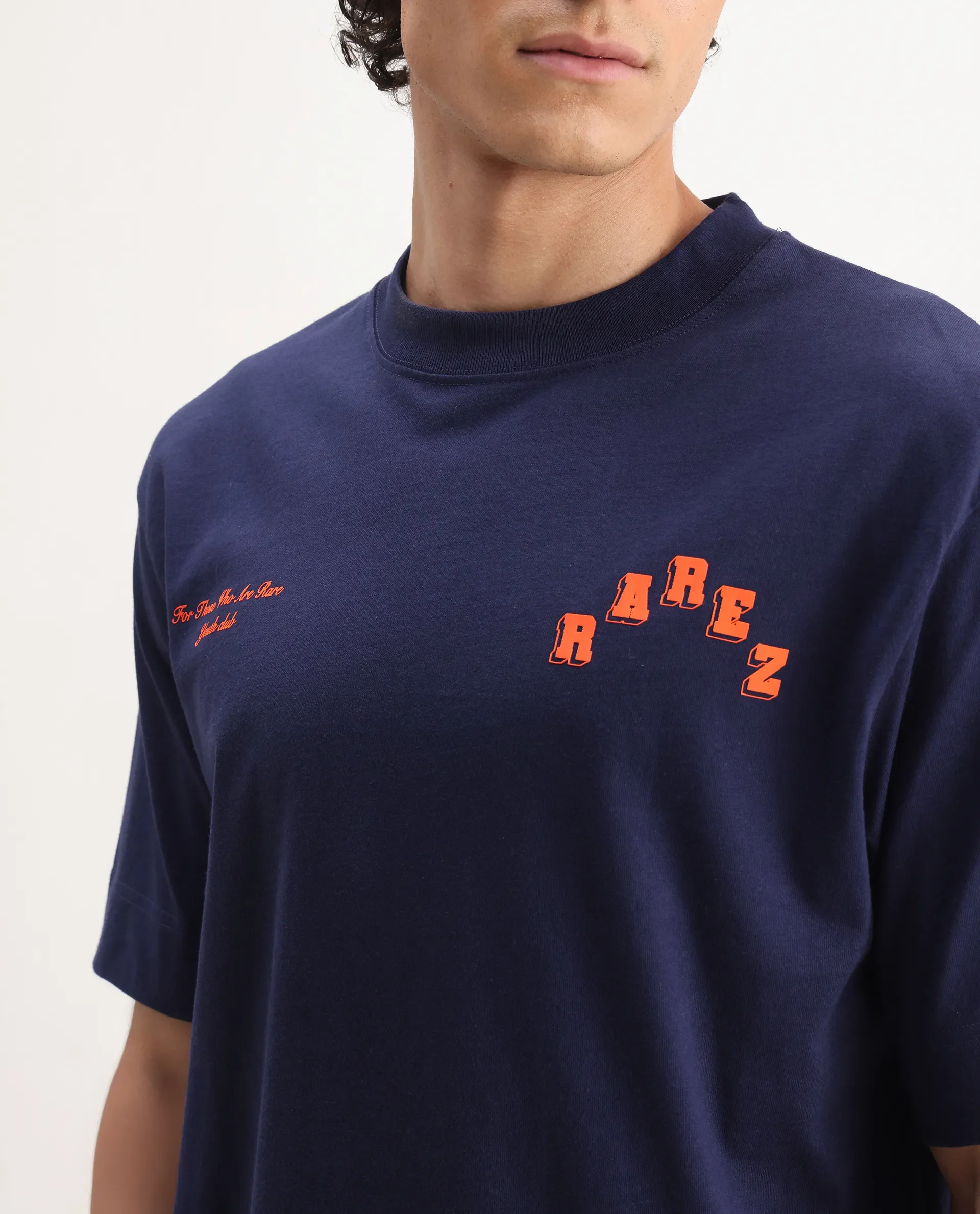 Rare Rabbit Men's Kany Blue Cotton Embroidered Oversized Fit Half Sleeve Crew Neck T-Shirt - Image 3