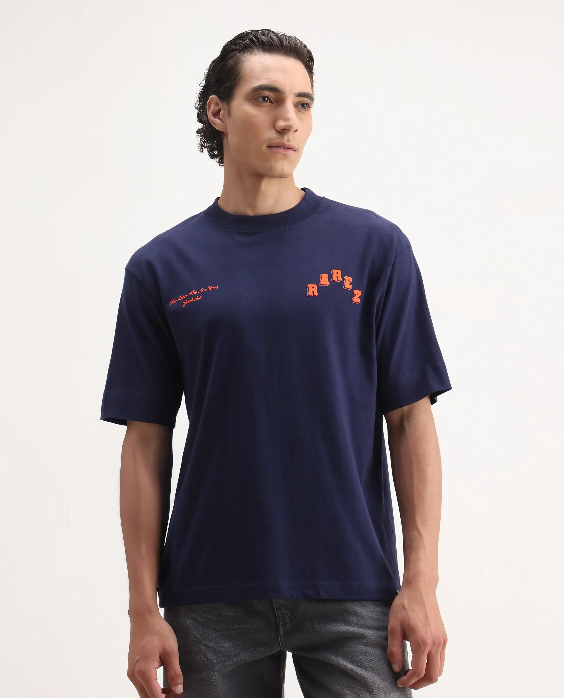 Rare Rabbit Men's Kany Blue Cotton Embroidered Oversized Fit Half Sleeve Crew Neck T-Shirt - Image 4