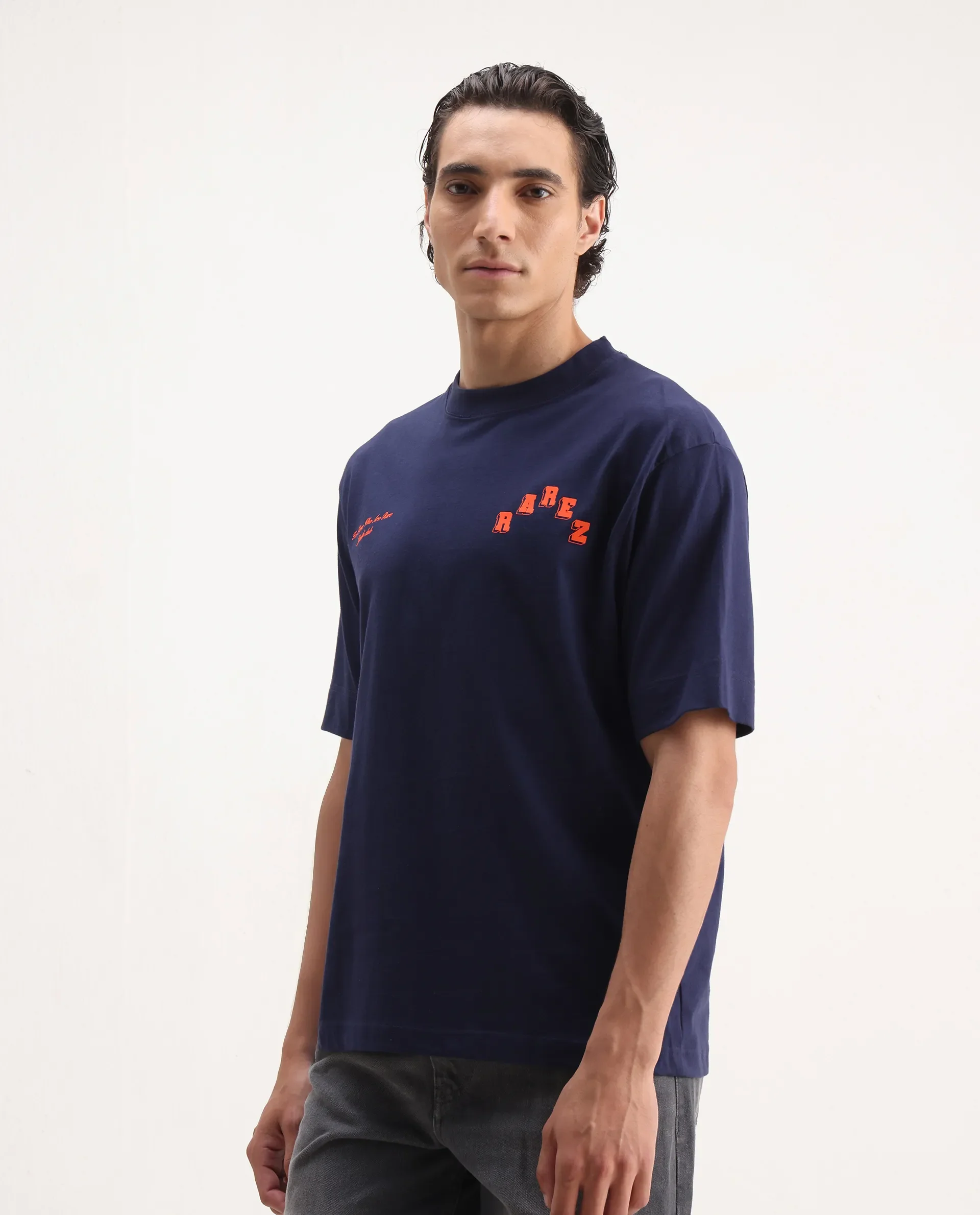Rare Rabbit Men's Kany Blue Cotton Embroidered Oversized Fit Half Sleeve Crew Neck T-Shirt - Image 5