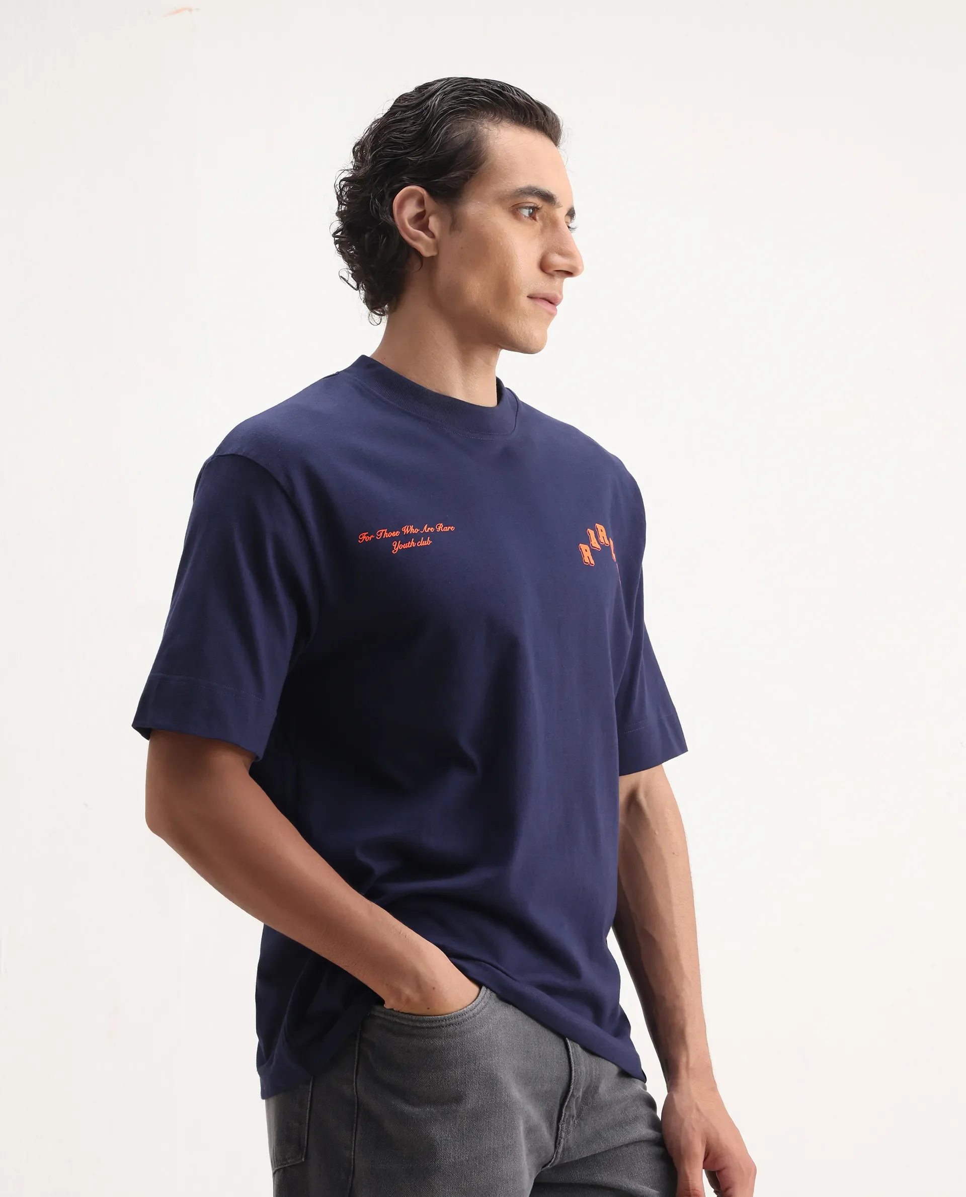Rare Rabbit Men's Kany Blue Cotton Embroidered Oversized Fit Half Sleeve Crew Neck T-Shirt - Image 6