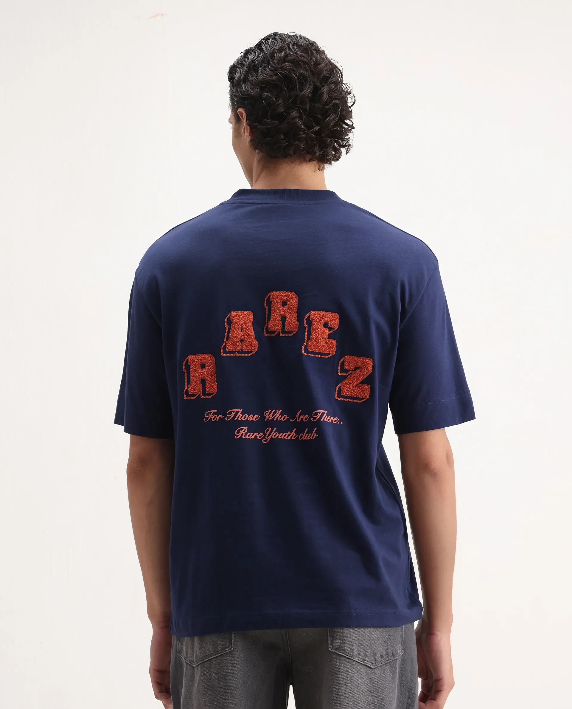 Rare Rabbit Men's Kany Blue Cotton Embroidered Oversized Fit Half Sleeve Crew Neck T-Shirt - Image 7