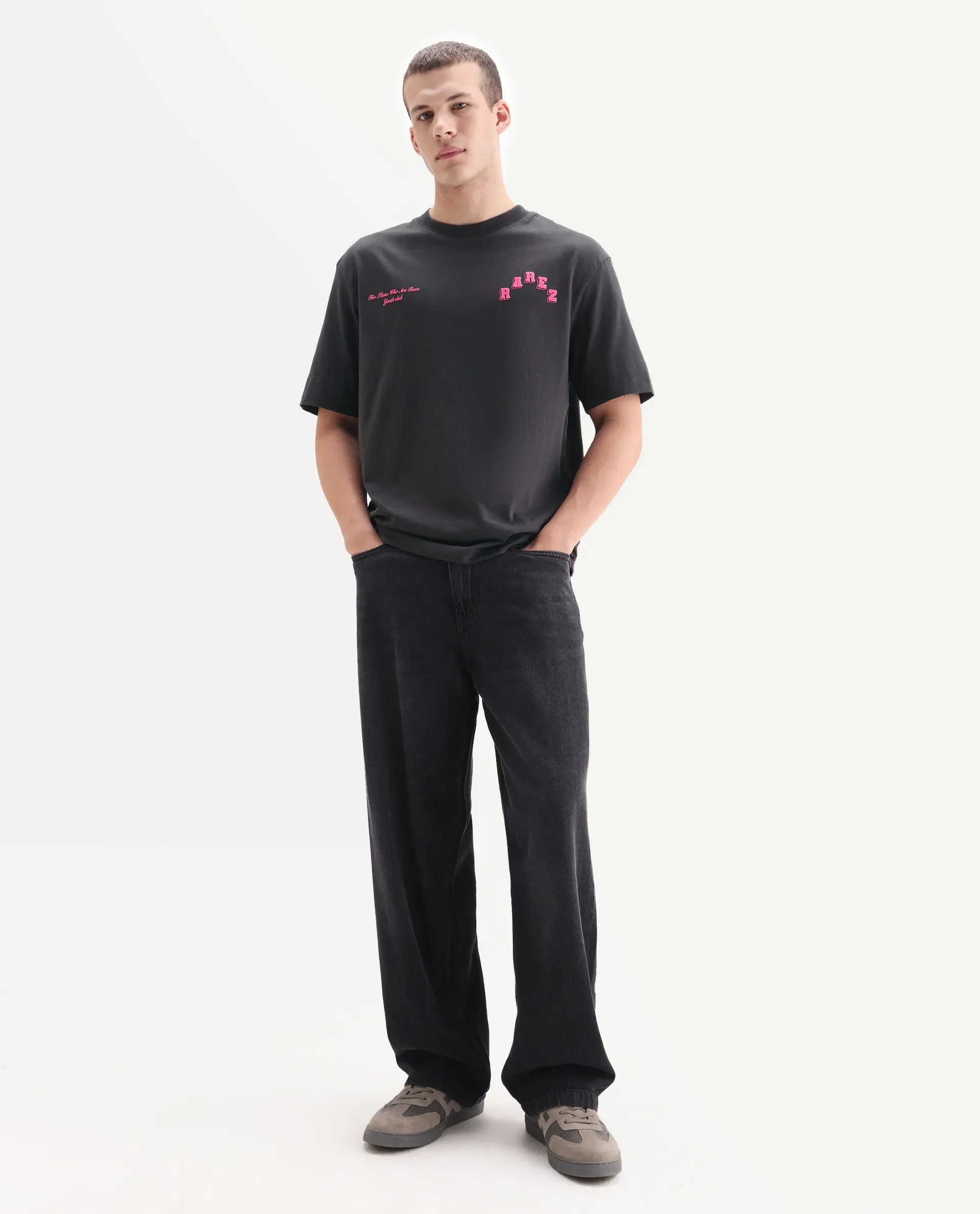 Rare Rabbit Men's Kany Dark Grey Cotton Embroidered Oversized Fit Half Sleeve Crew Neck T-Shirt - Image 2