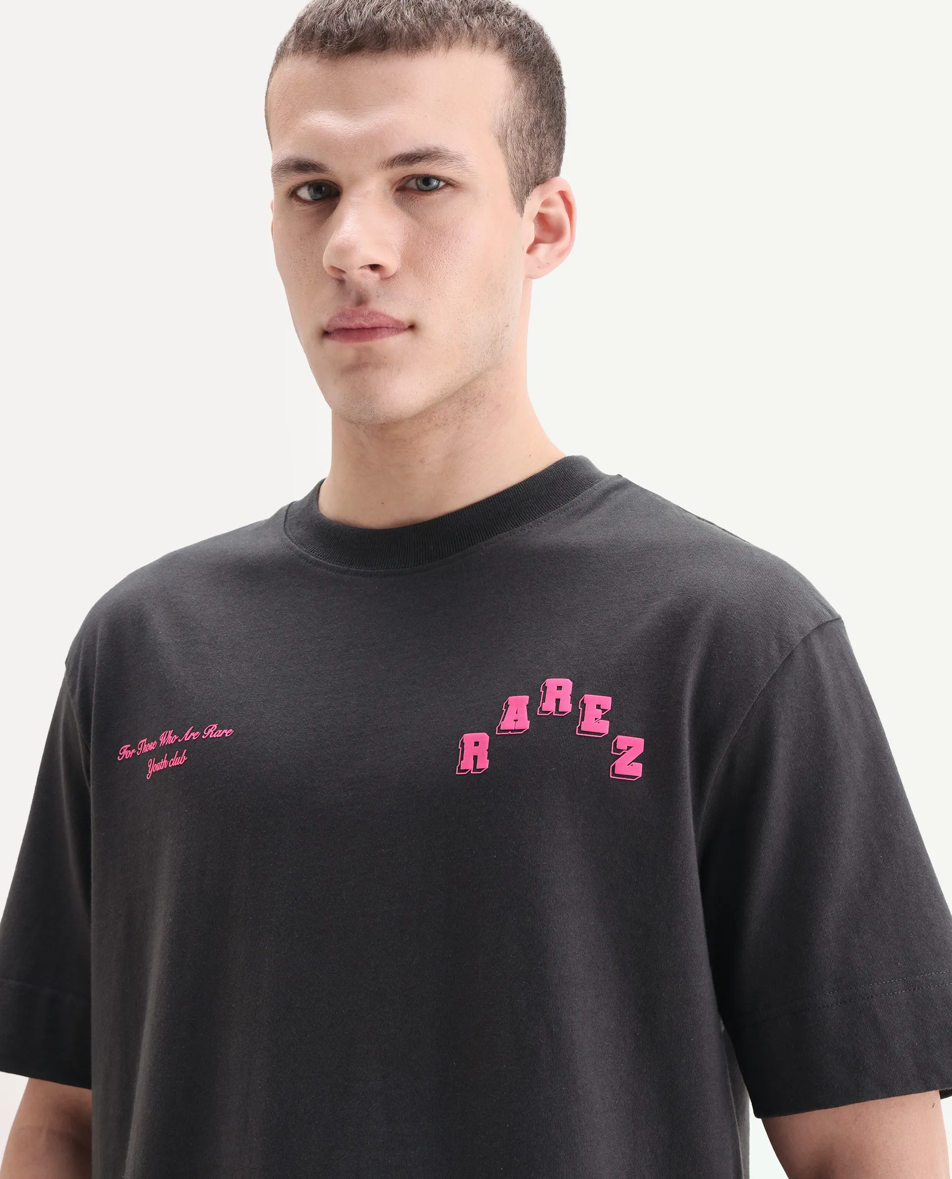 Rare Rabbit Men's Kany Dark Grey Cotton Embroidered Oversized Fit Half Sleeve Crew Neck T-Shirt - Image 3
