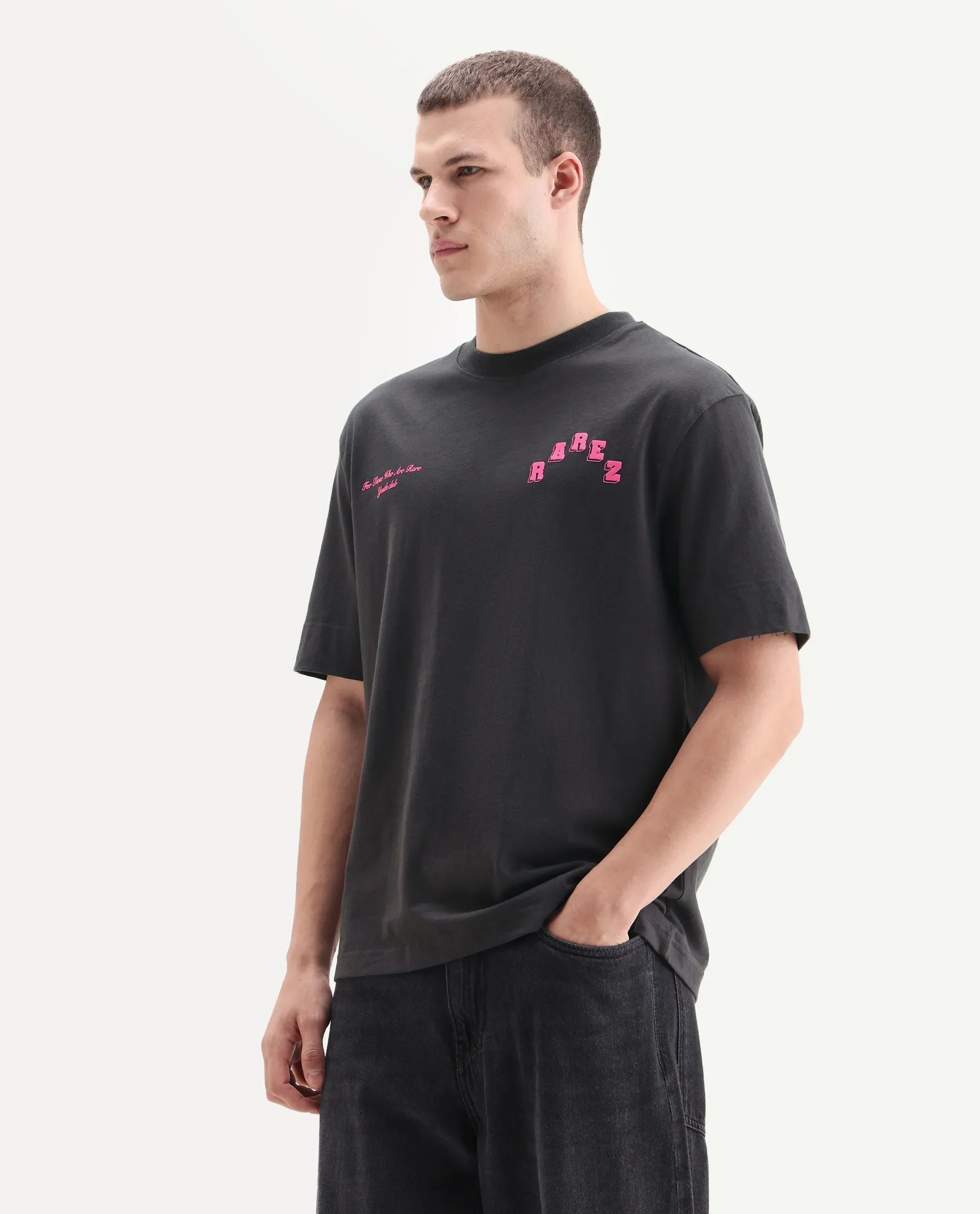 Rare Rabbit Men's Kany Dark Grey Cotton Embroidered Oversized Fit Half Sleeve Crew Neck T-Shirt - Image 4