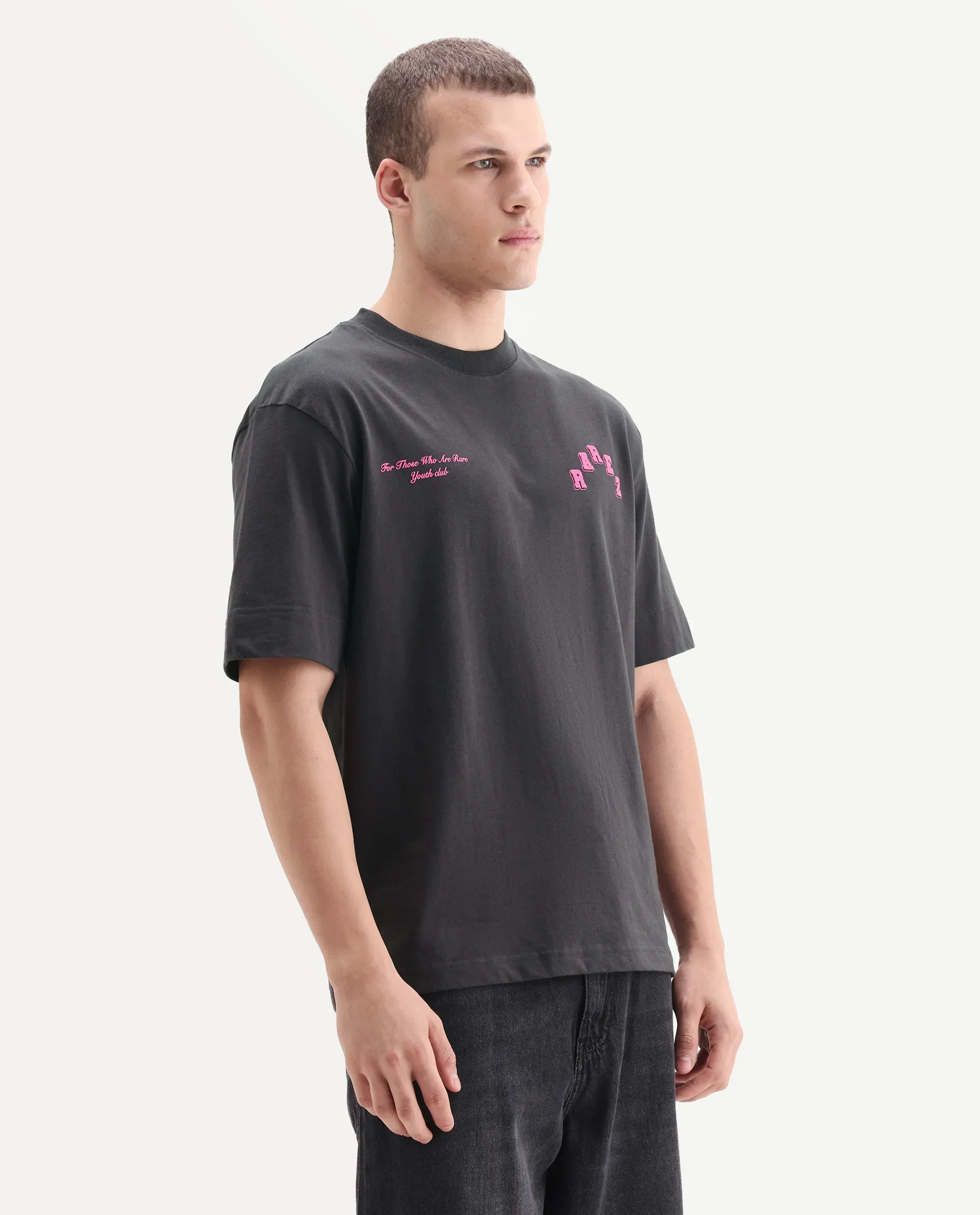 Rare Rabbit Men's Kany Dark Grey Cotton Embroidered Oversized Fit Half Sleeve Crew Neck T-Shirt - Image 5