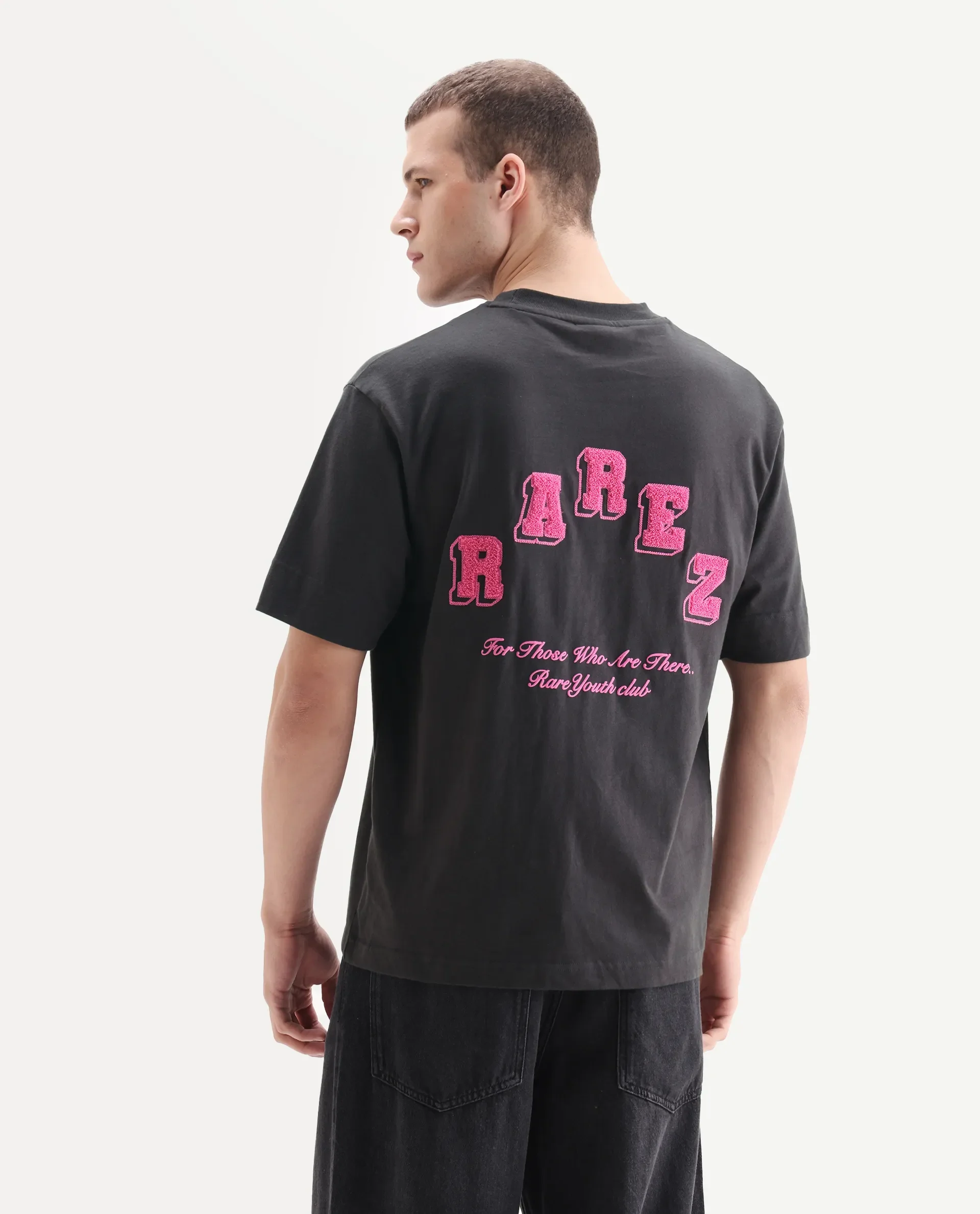 Rare Rabbit Men's Kany Dark Grey Cotton Embroidered Oversized Fit Half Sleeve Crew Neck T-Shirt - Image 6