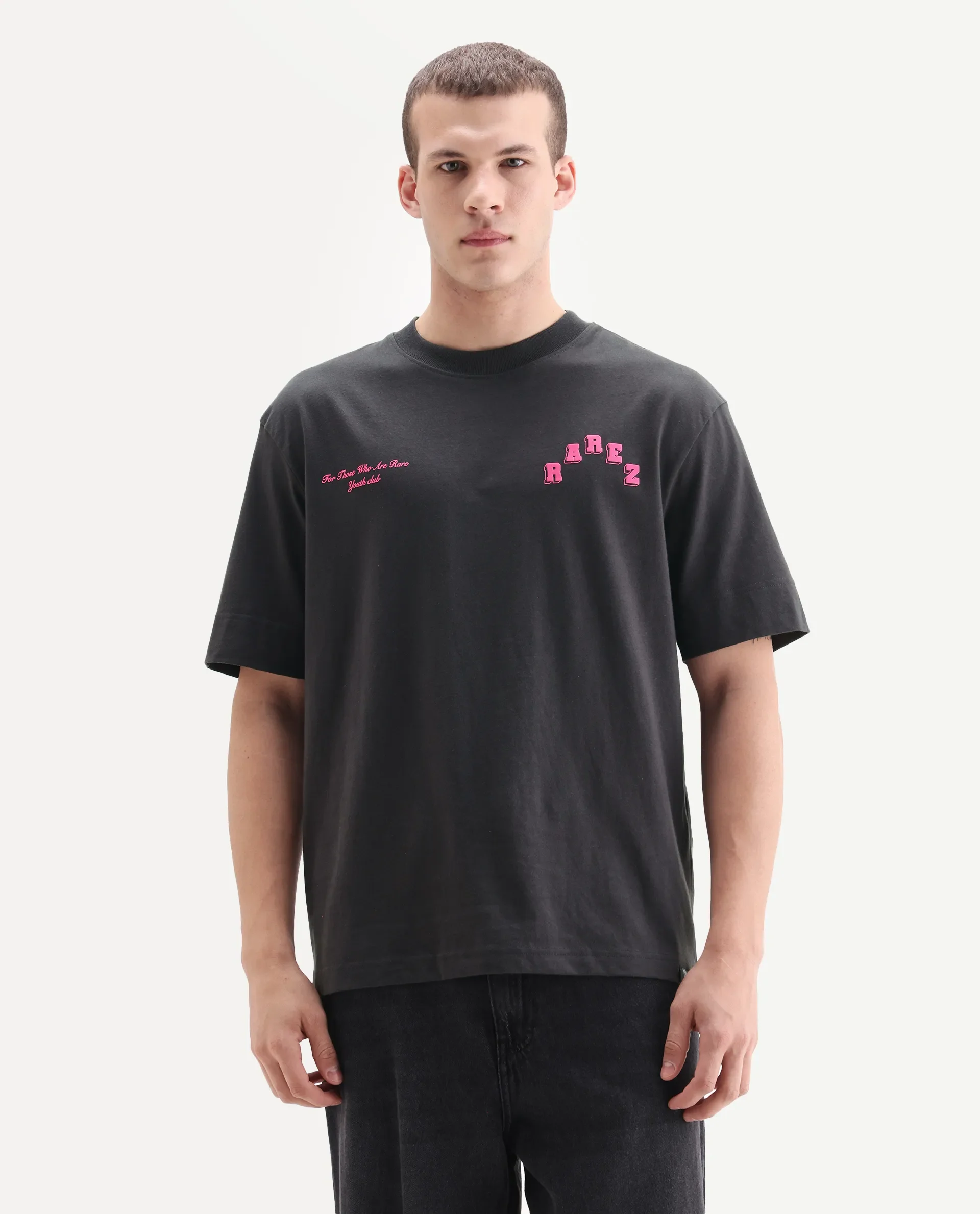 Rare Rabbit Men's Kany Dark Grey Cotton Embroidered Oversized Fit Half Sleeve Crew Neck T-Shirt - Image 7