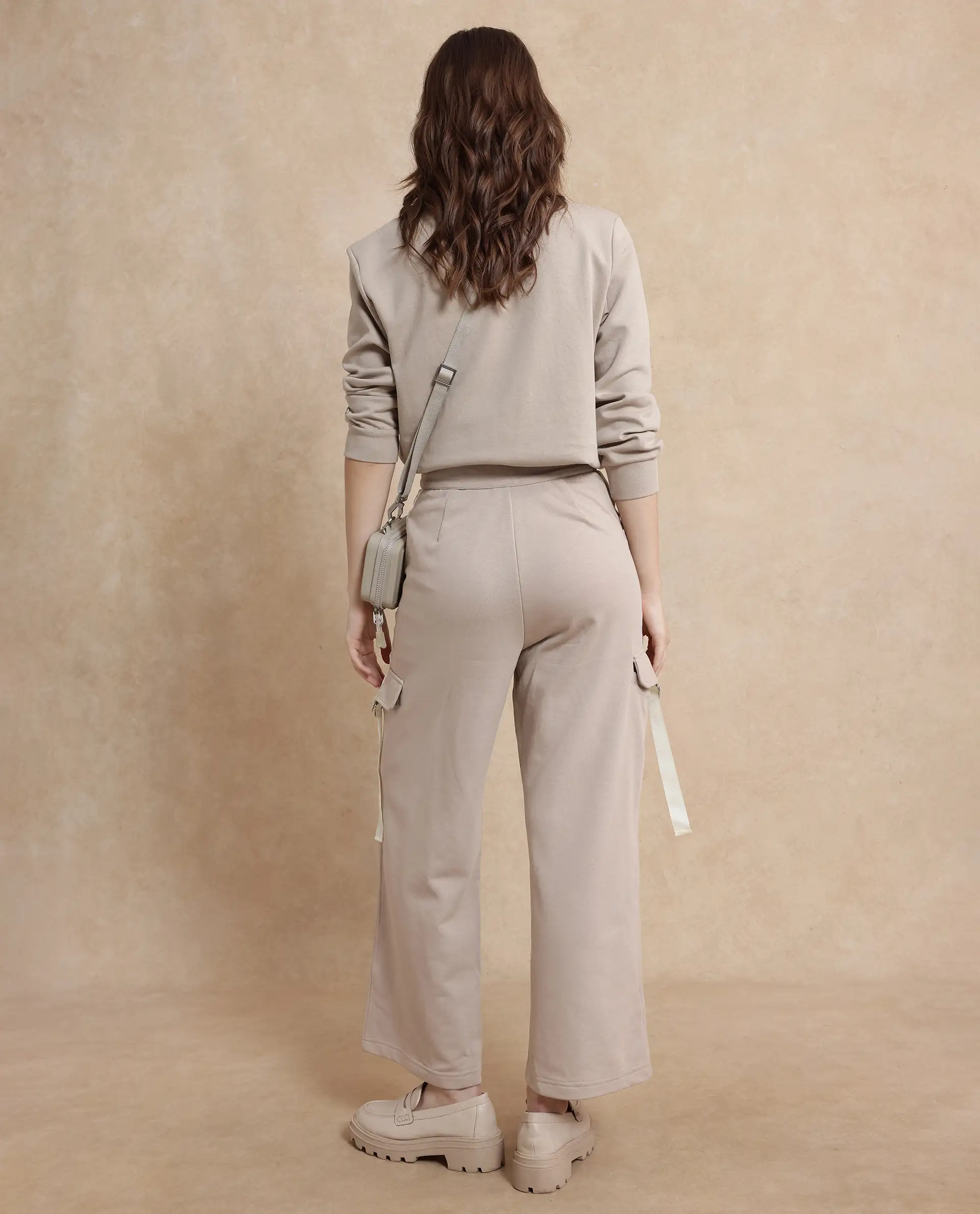 Rareism Women's Kar Beige Cotton Blend Plain Ankle Length Wide Track Pant - Image 11