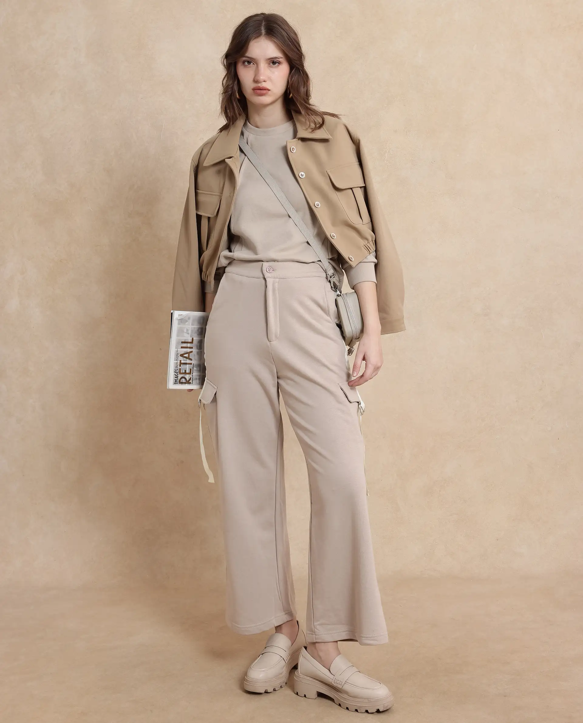 Rareism Women's Kar Beige Cotton Blend Plain Ankle Length Wide Track Pant - Image 3