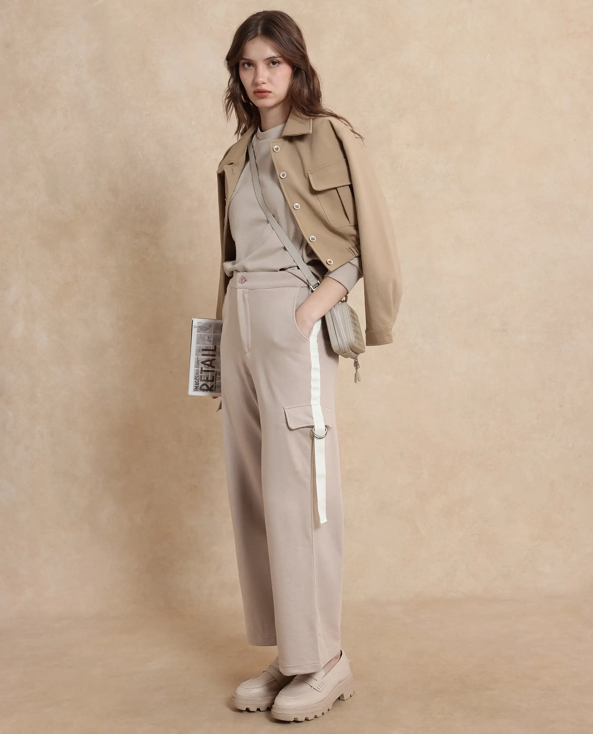 Rareism Women's Kar Beige Cotton Blend Plain Ankle Length Wide Track Pant - Image 4