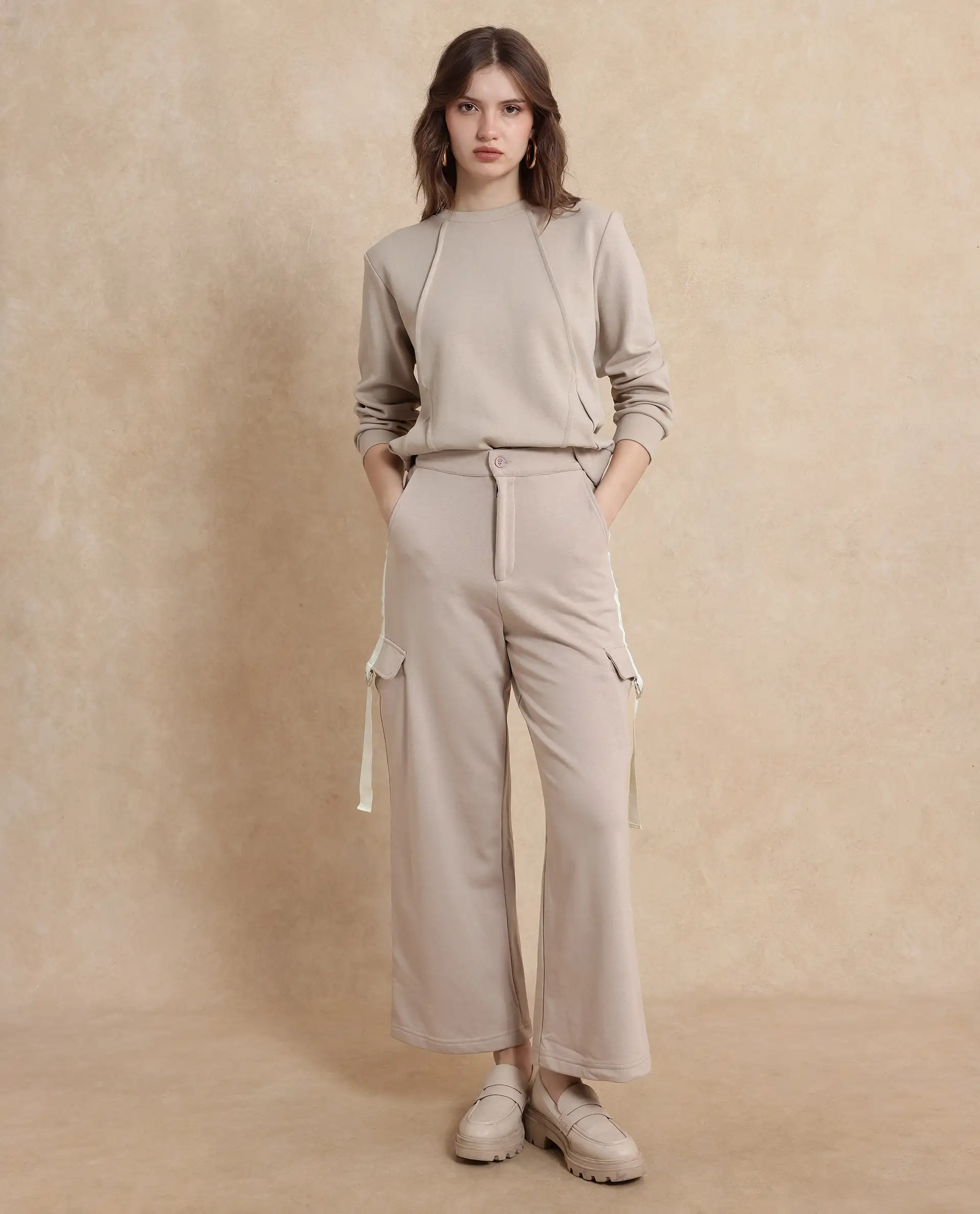 Rareism Women's Kar Beige Cotton Blend Plain Ankle Length Wide Track Pant - Image 5