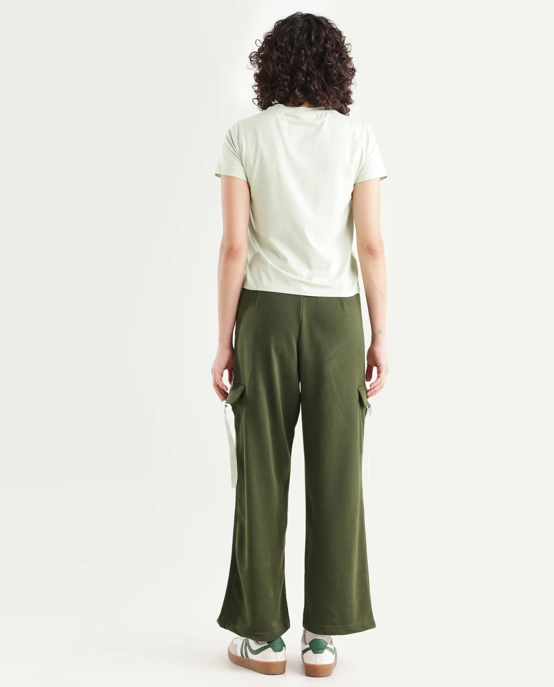 Rareism Women's Kar Olive Cotton Blend Plain Ankle Length Wide Track Pant - Image 7