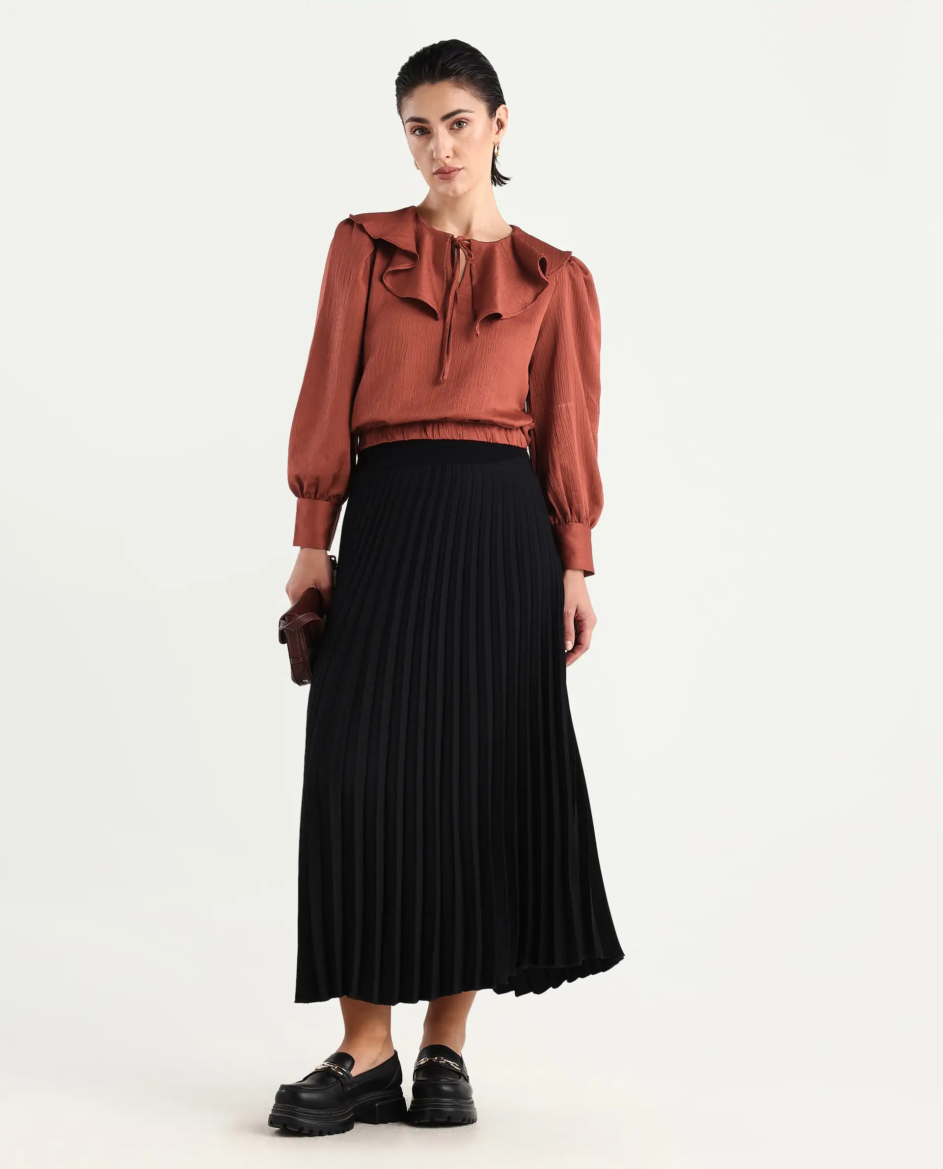 Rareism Women's Karabuk Orange Polyester Tie-Up Neck Plain Cuffed Sleeve Crop Regular Fit Top - Image 2
