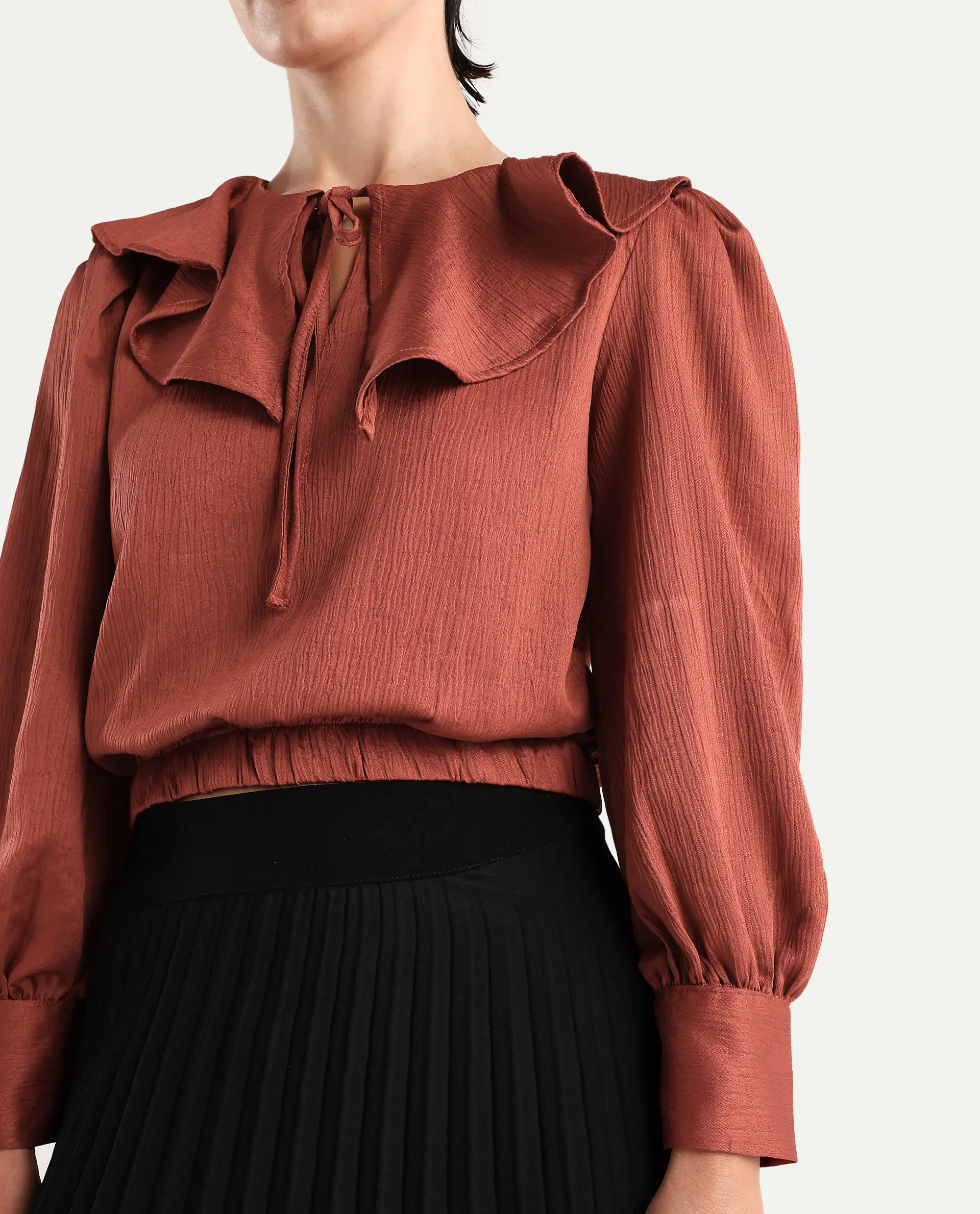 Rareism Women's Karabuk Orange Polyester Tie-Up Neck Plain Cuffed Sleeve Crop Regular Fit Top - Image 3
