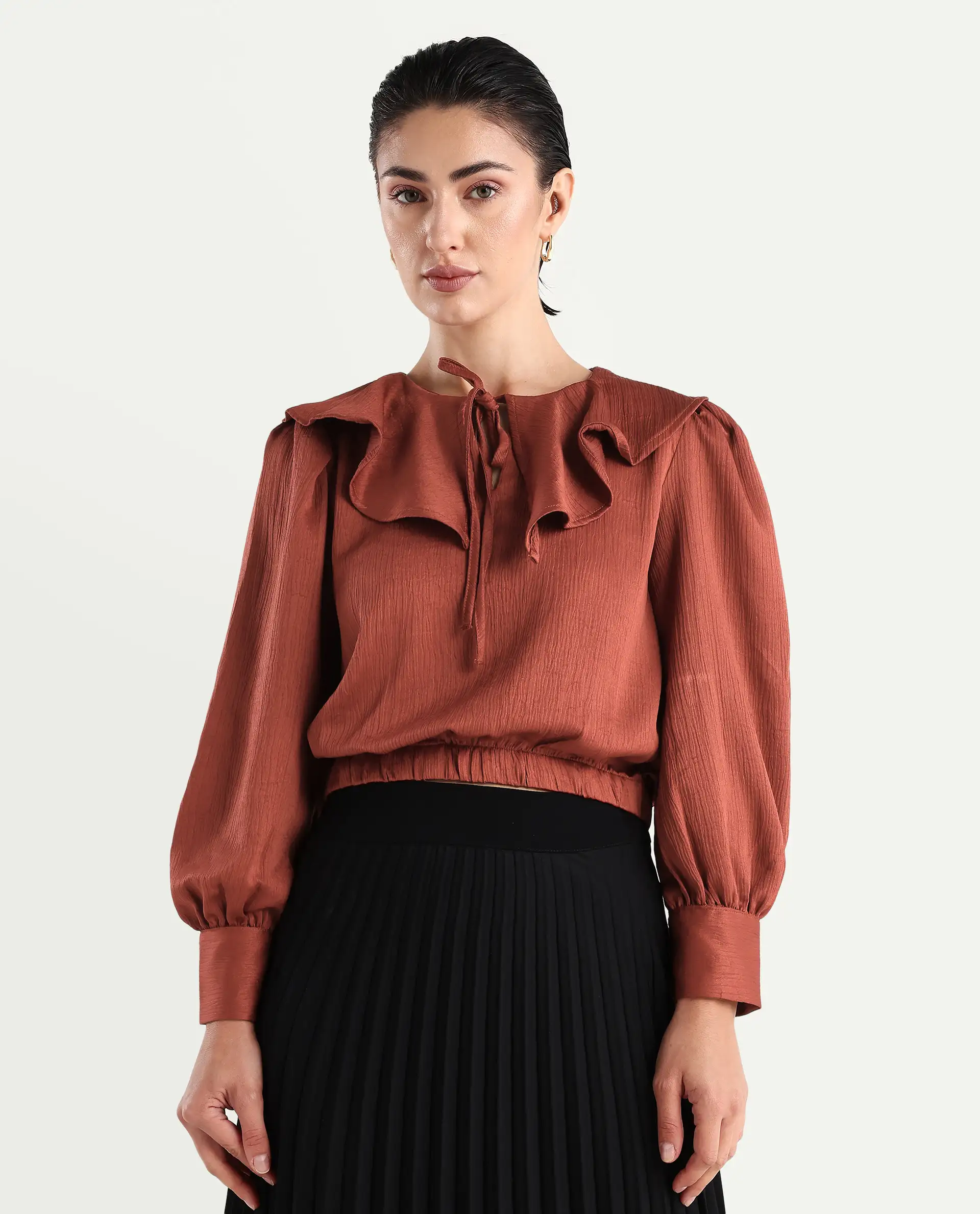 Rareism Women's Karabuk Orange Polyester Tie-Up Neck Plain Cuffed Sleeve Crop Regular Fit Top - Image 4