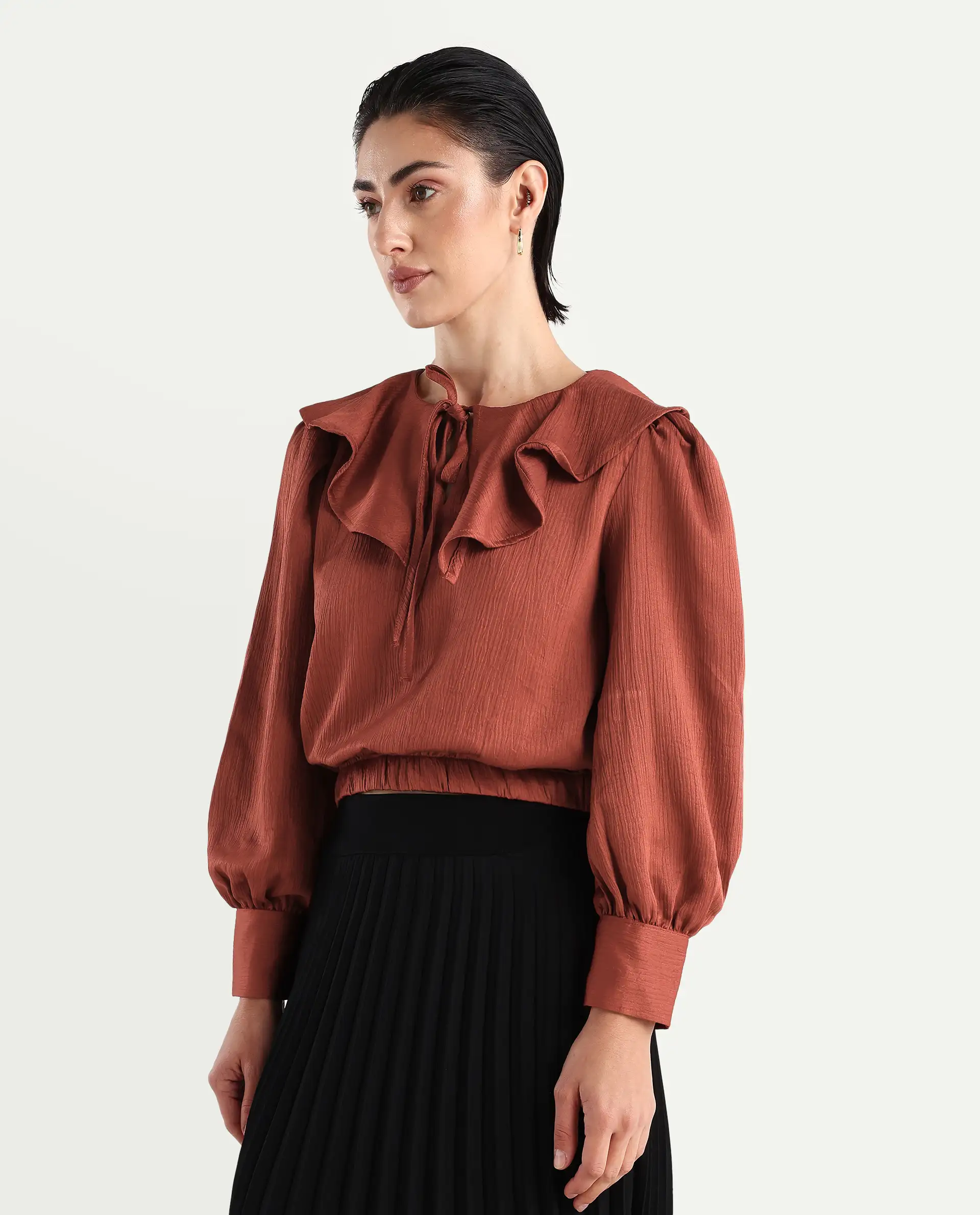 Rareism Women's Karabuk Orange Polyester Tie-Up Neck Plain Cuffed Sleeve Crop Regular Fit Top - Image 5