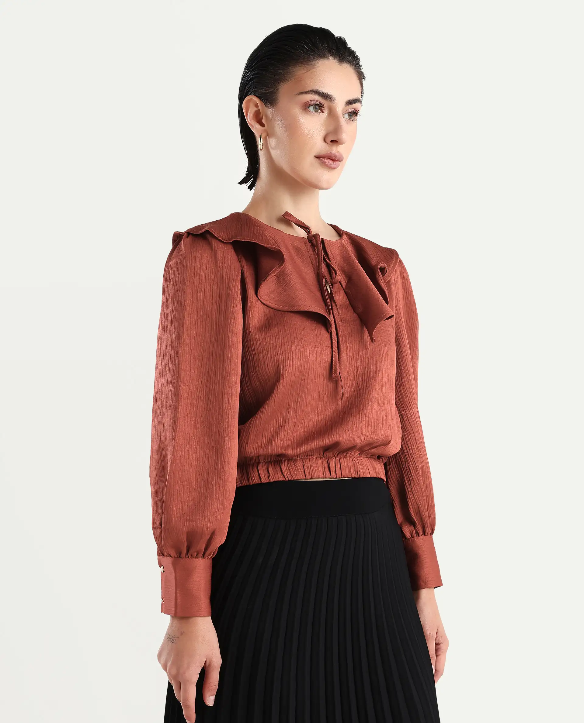 Rareism Women's Karabuk Orange Polyester Tie-Up Neck Plain Cuffed Sleeve Crop Regular Fit Top - Image 6
