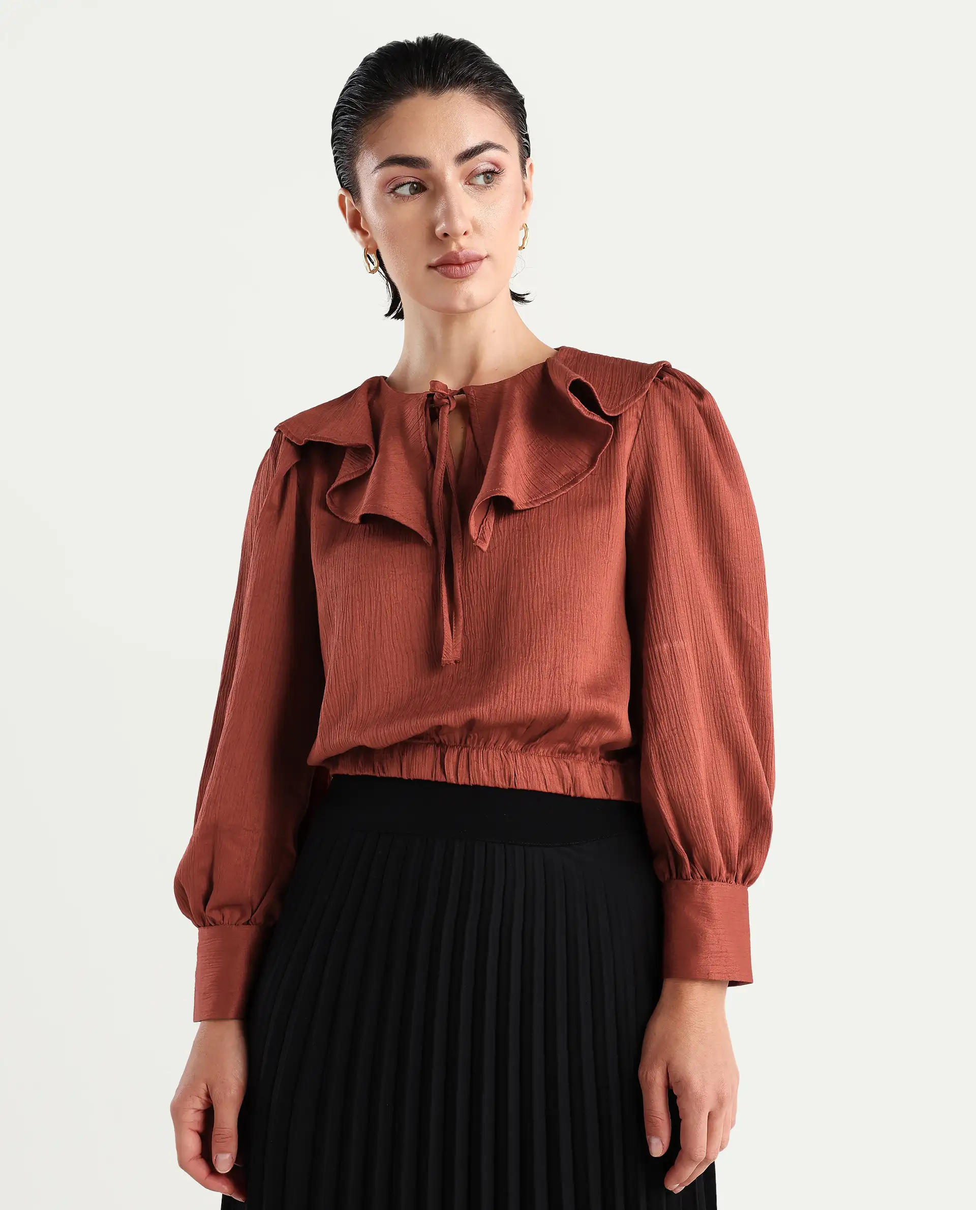 Rareism Women's Karabuk Orange Polyester Tie-Up Neck Plain Cuffed Sleeve Crop Regular Fit Top - Image 7